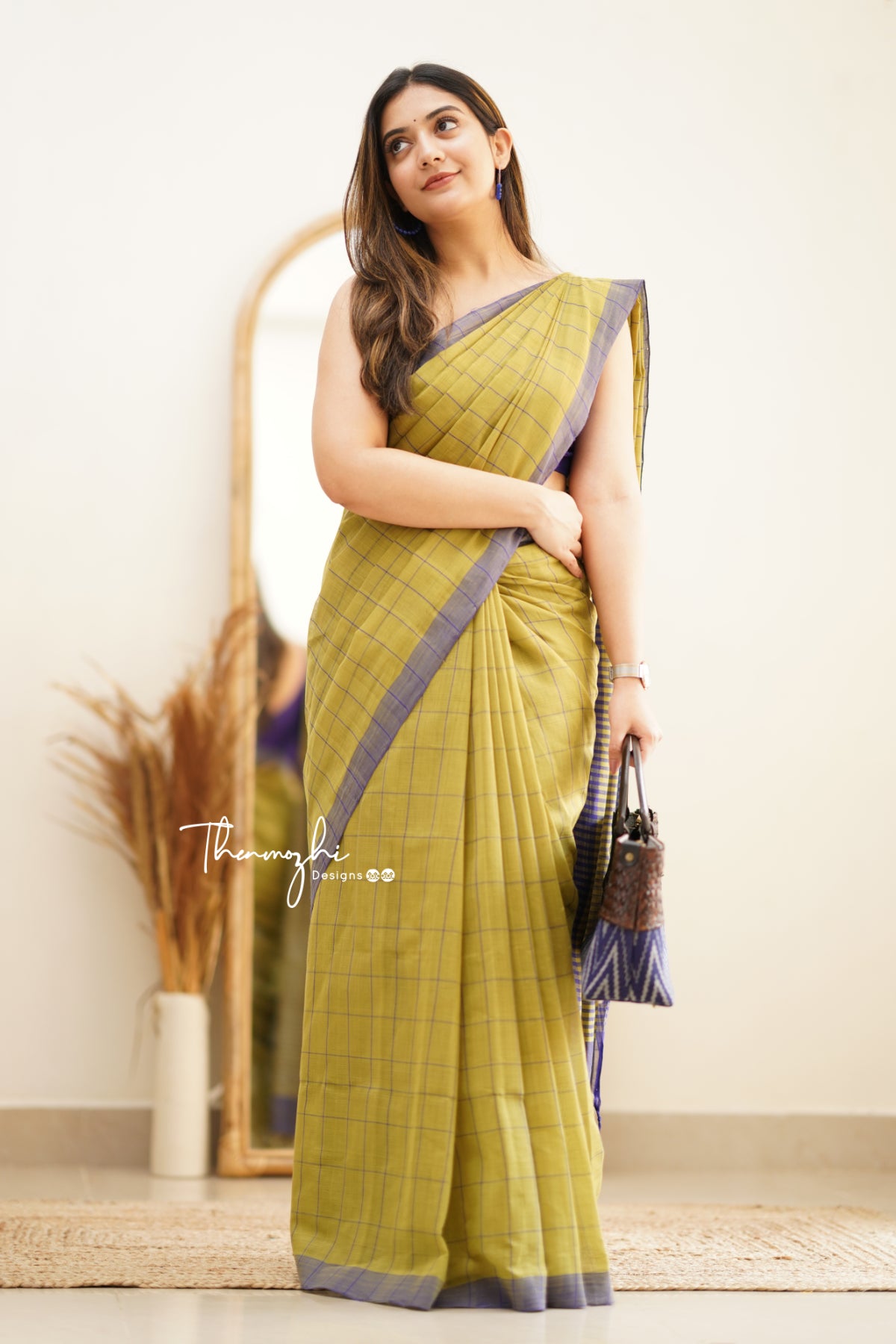 Olive Green & Blue Checks Mangalagiri Cotton Saree