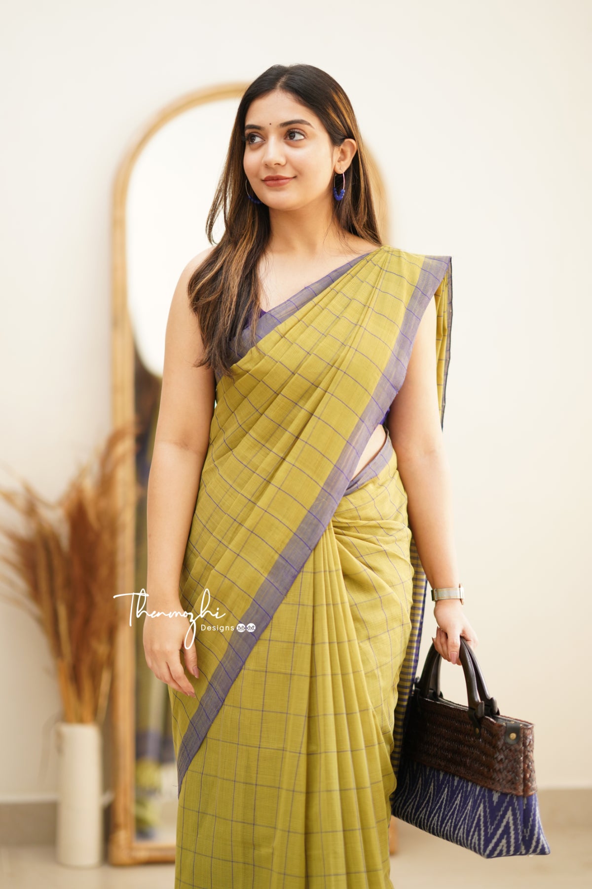 Olive Green & Blue Checks Mangalagiri Cotton Saree