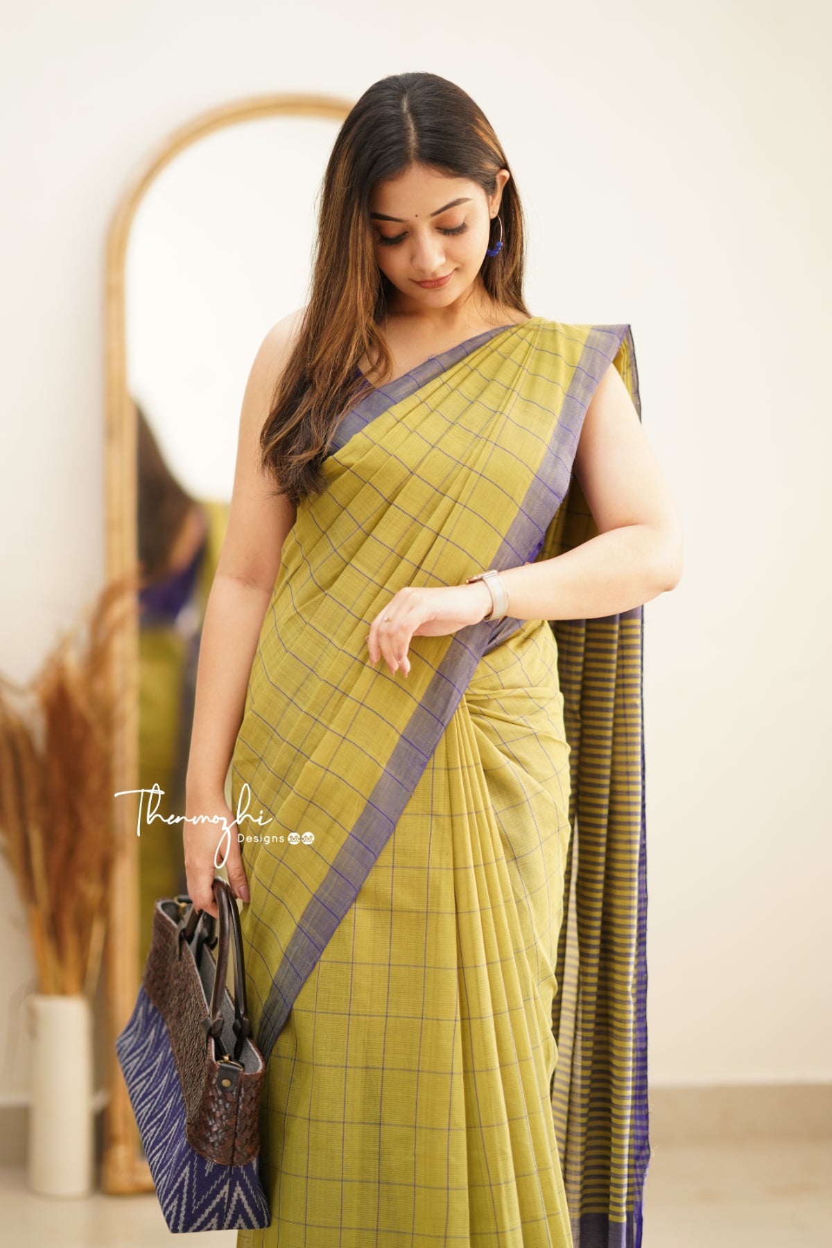 Olive Green & Blue Checks Mangalagiri Cotton Saree