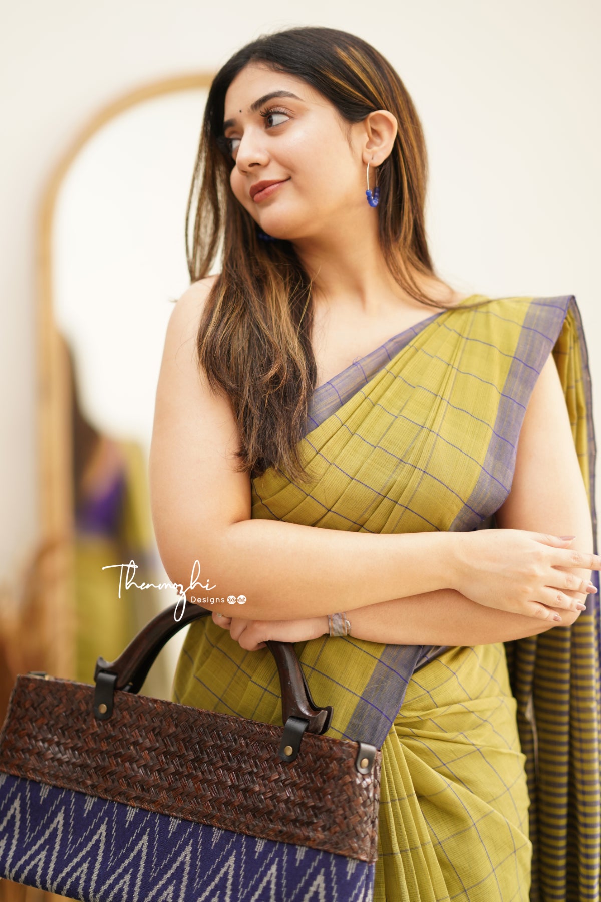 Olive Green & Blue Checks Mangalagiri Cotton Saree