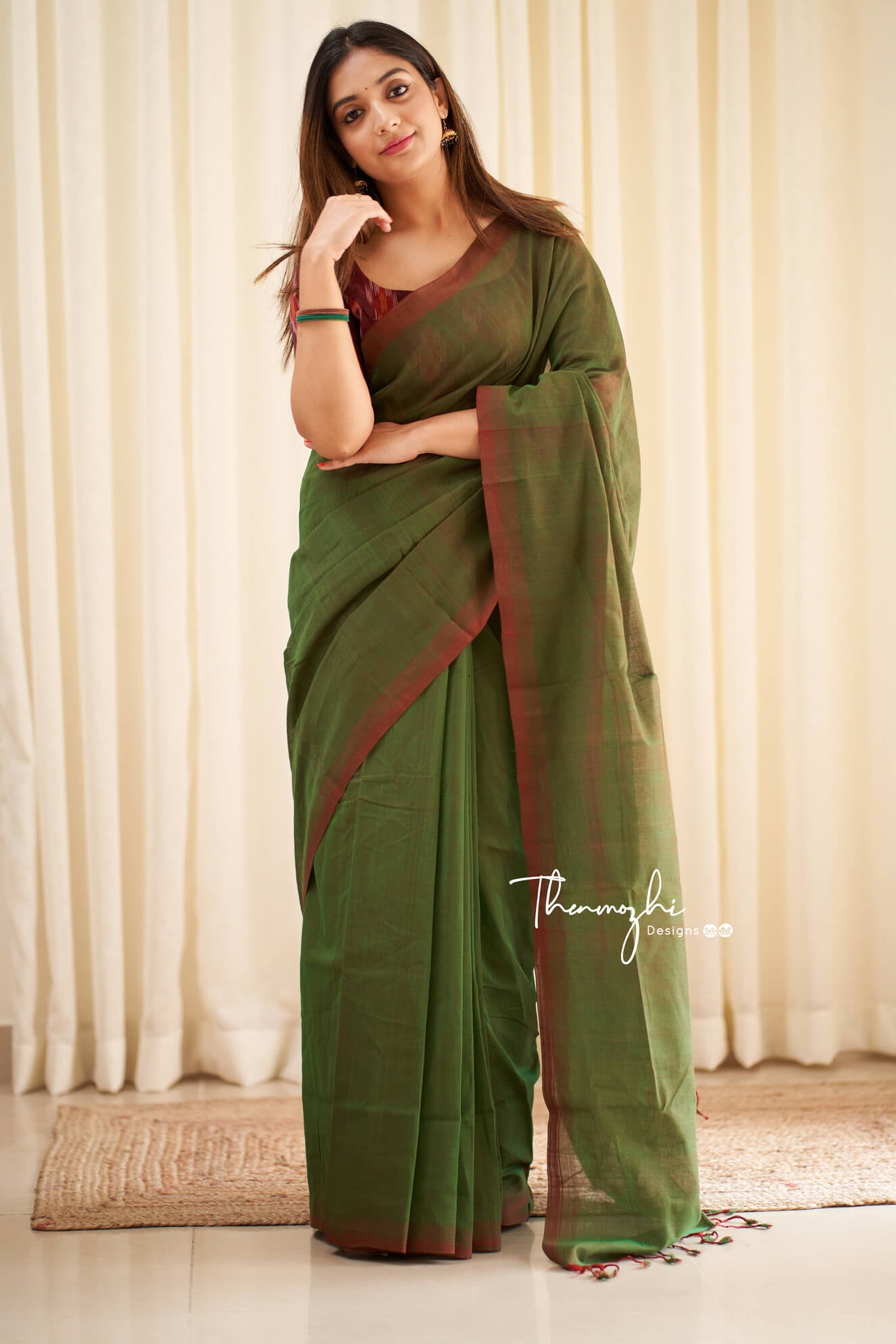Green Tulips - Green Mangalagiri Plain Cotton Saree