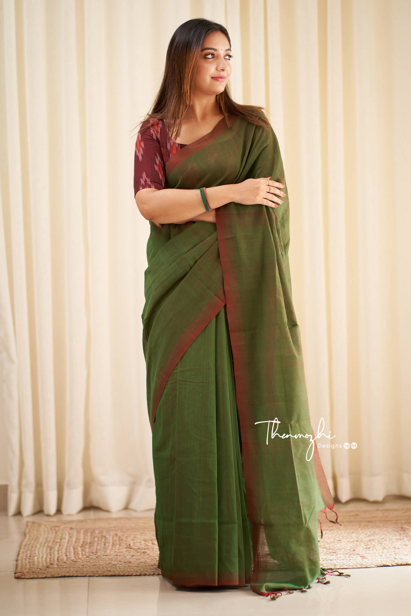 Green Tulips - Green Mangalagiri Plain Cotton Saree