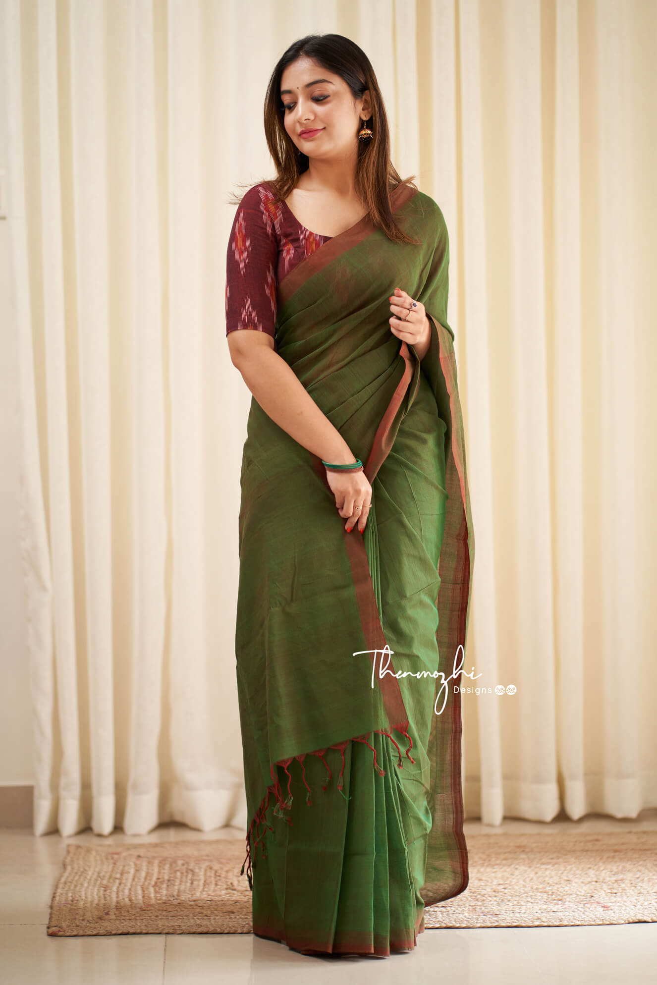 Green Tulips - Green Mangalagiri Plain Cotton Saree