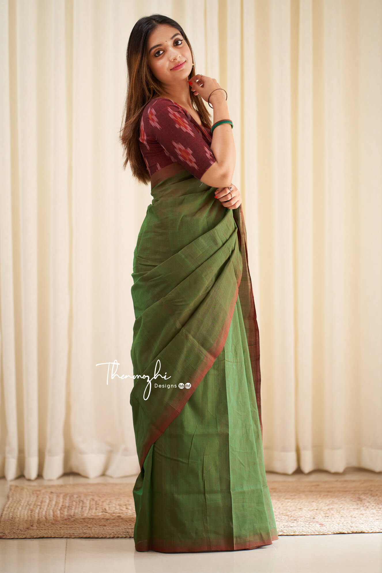 Green Tulips - Green Mangalagiri Plain Cotton Saree