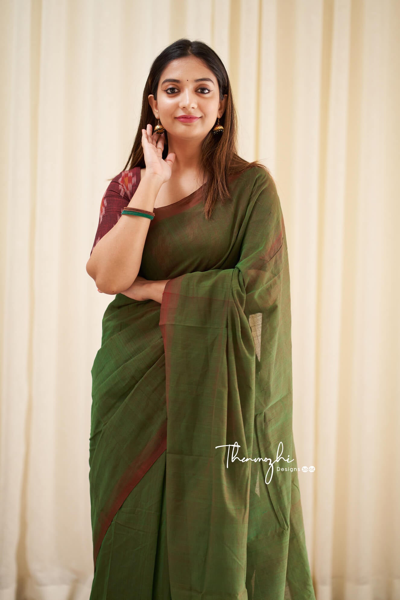 Green Tulips - Green Mangalagiri Plain Cotton Saree