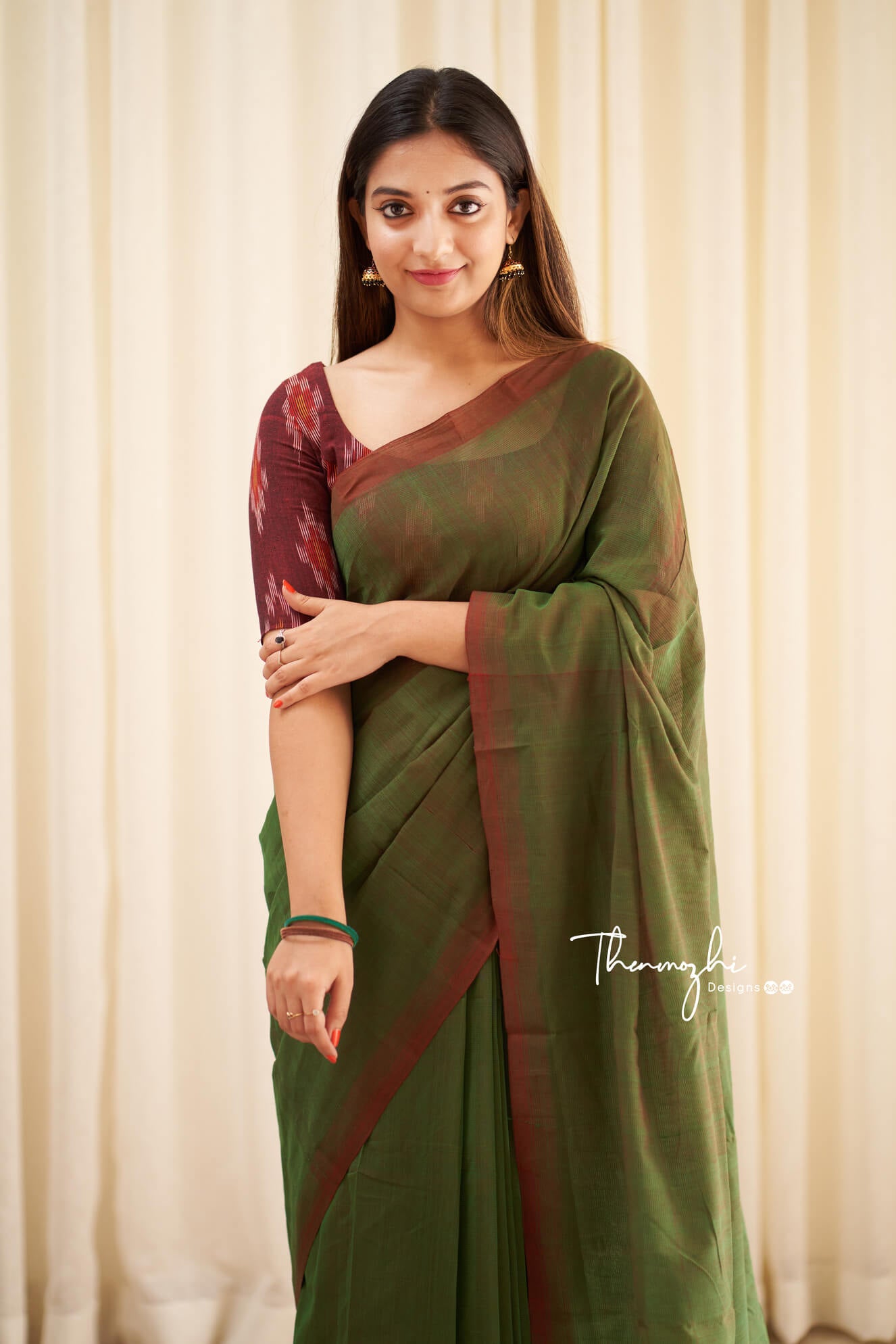 Green Tulips - Green Mangalagiri Plain Cotton Saree