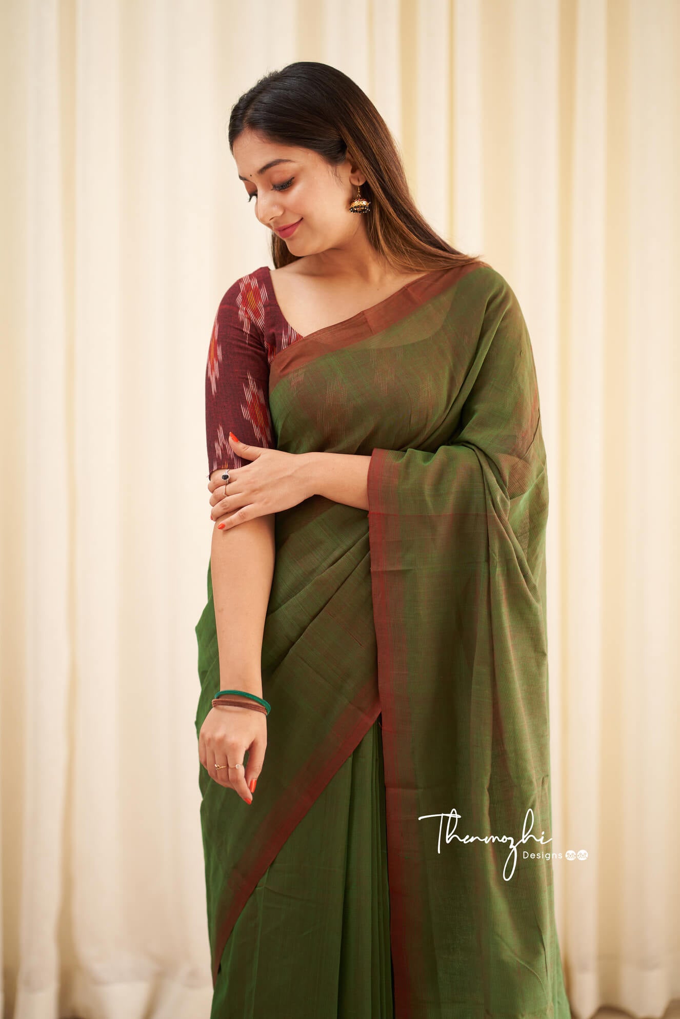 Green Tulips - Green Mangalagiri Plain Cotton Saree