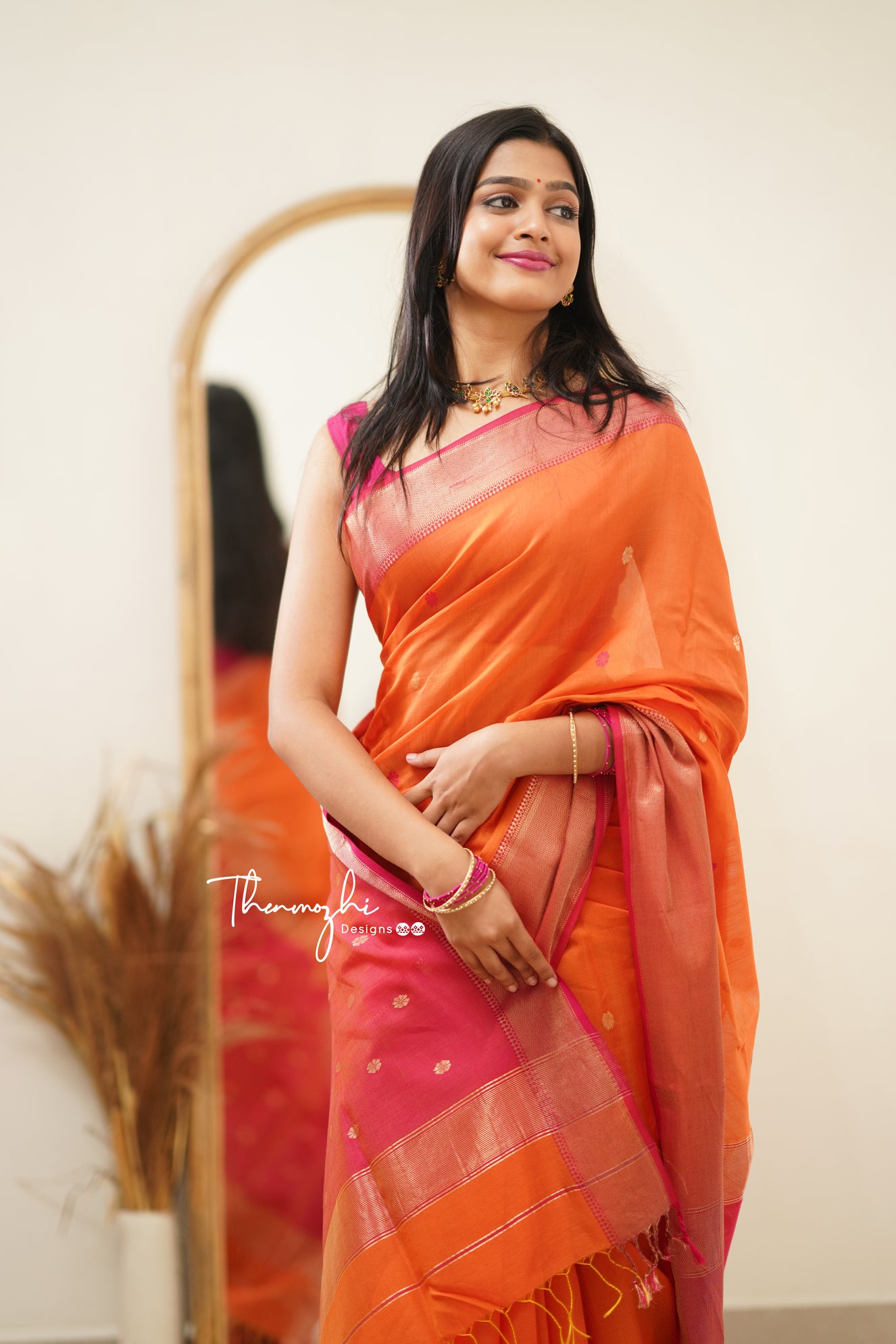 Orange with Pink (Big Border) Maheshwari Silk Handloom Cotton Saree