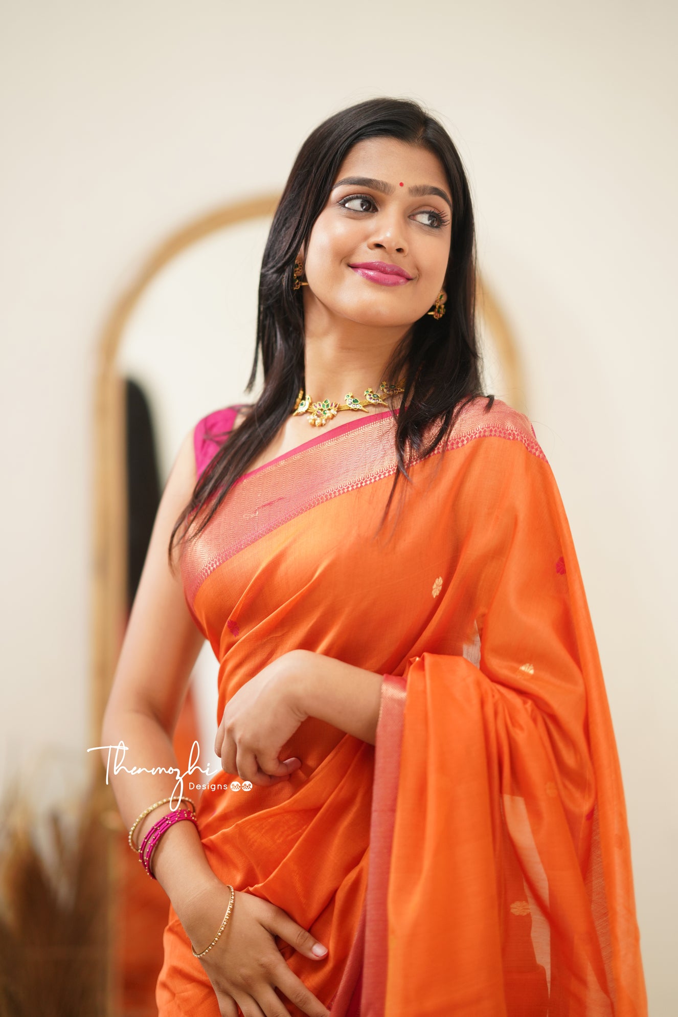Orange with Pink (Big Border) Maheshwari Silk Handloom Cotton Saree