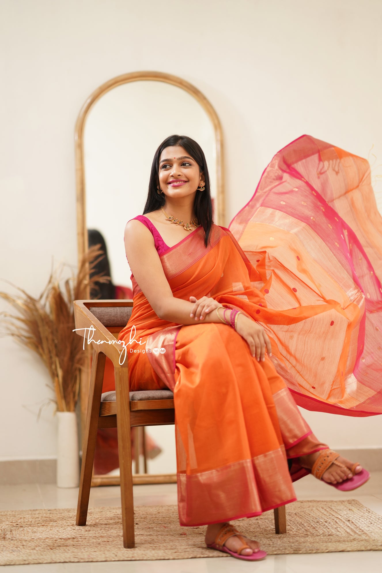Orange with Pink (Big Border) Maheshwari Silk Handloom Cotton Saree