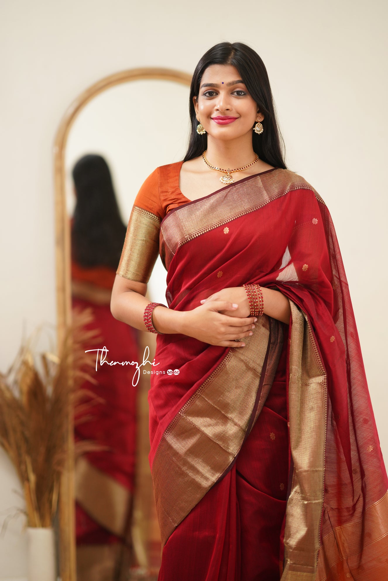 Brick Red with Orange (Big Border) Maheshwari Silk Handloom Cotton Saree