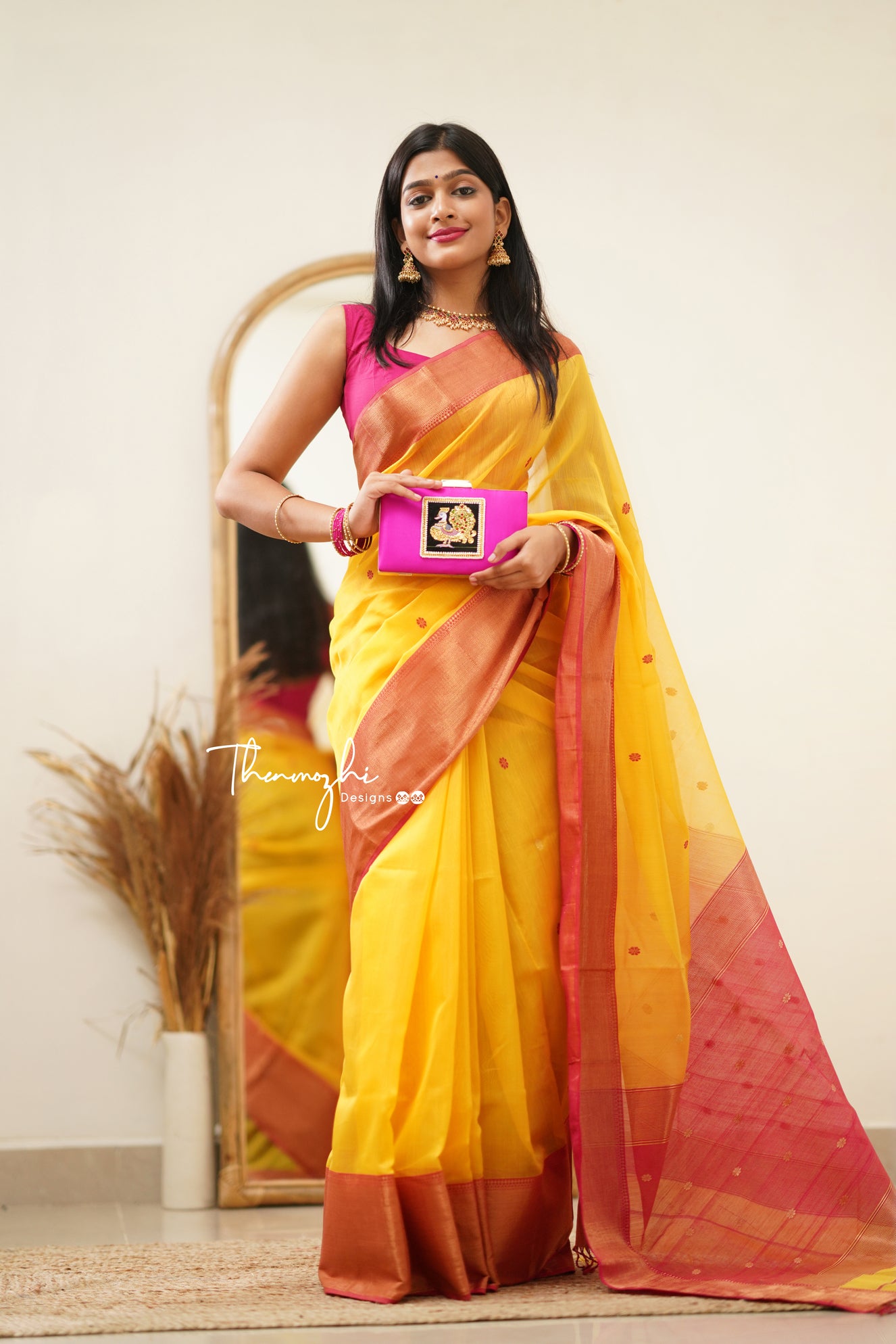 Bright Yellow with Pink (Big Border) Maheshwari Silk Handloom Cotton Saree