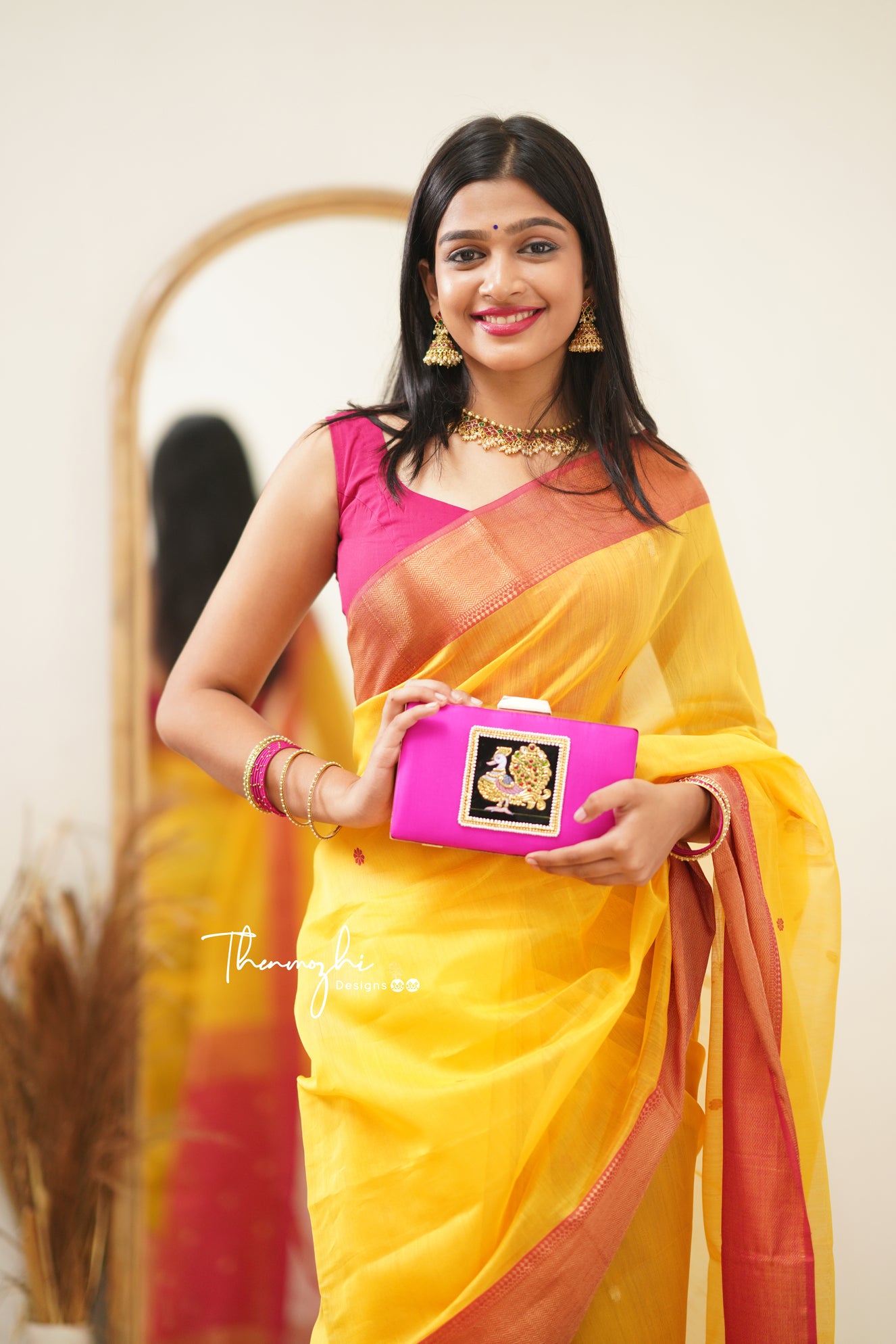Bright Yellow with Pink (Big Border) Maheshwari Silk Handloom Cotton Saree