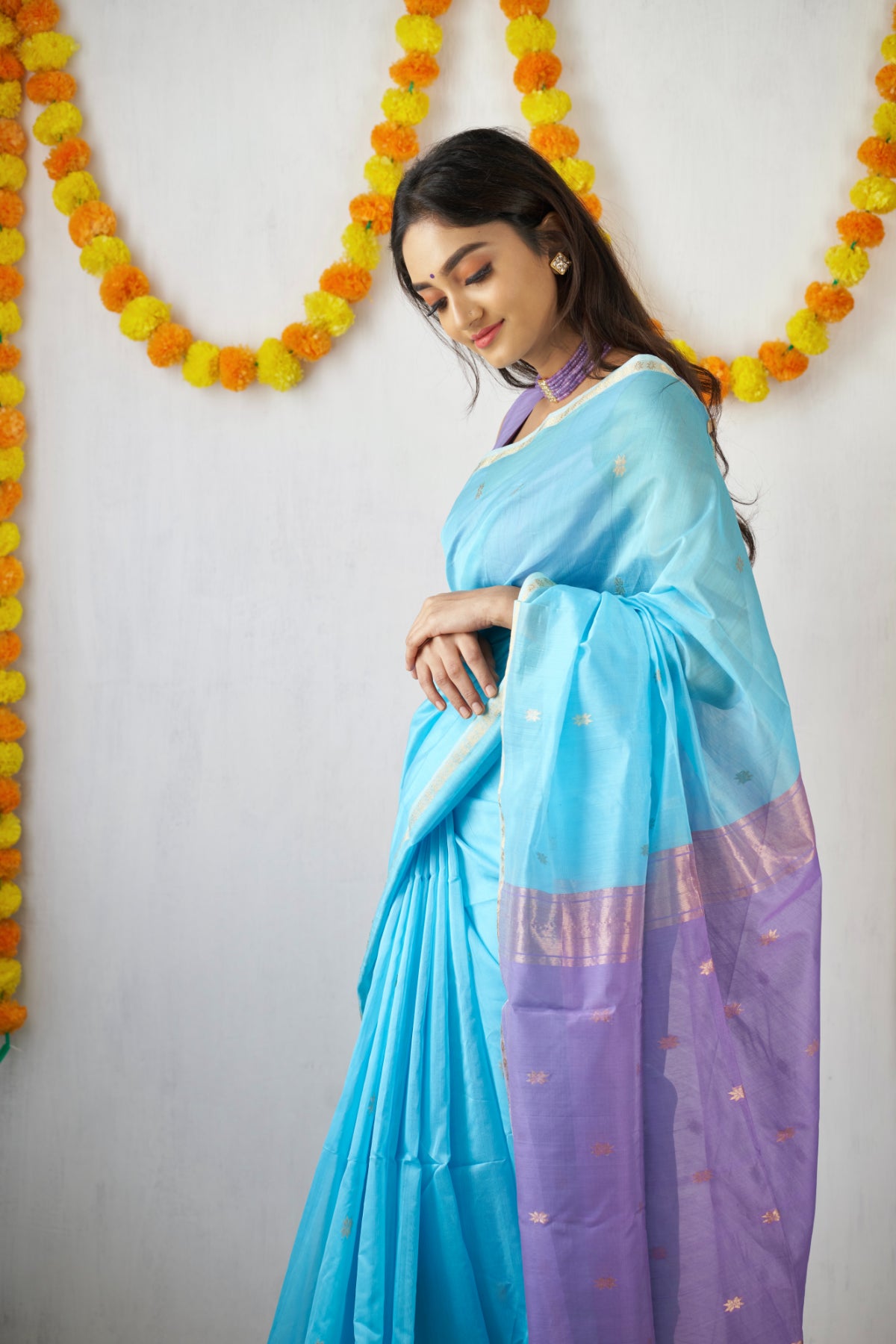 Ethnic Sky Blue Maheshwari Silk Cotton Handloom Saree