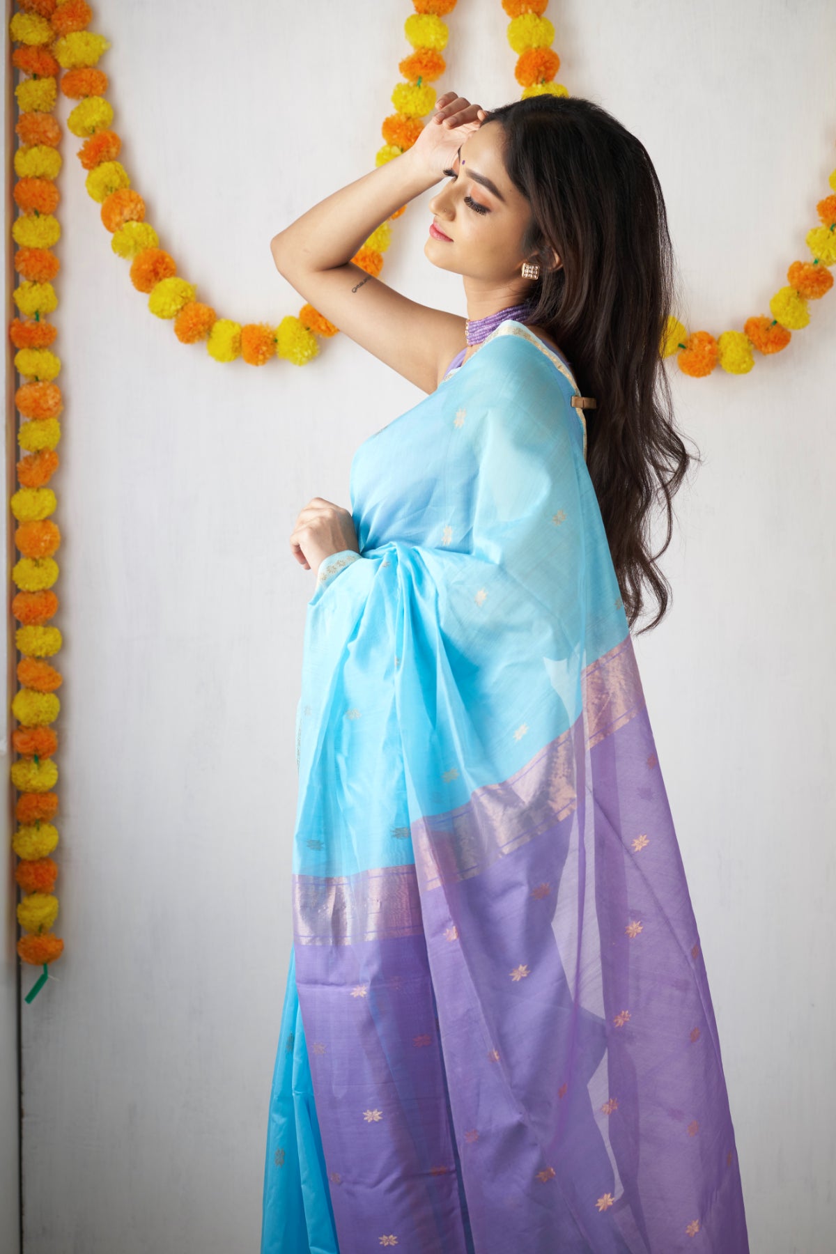 Ethnic Sky Blue Maheshwari Silk Cotton Handloom Saree