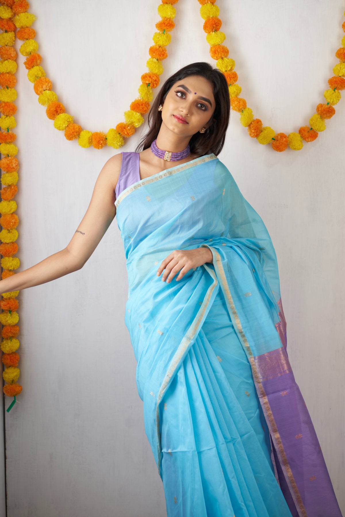 Ethnic Sky Blue Maheshwari Silk Cotton Handloom Saree