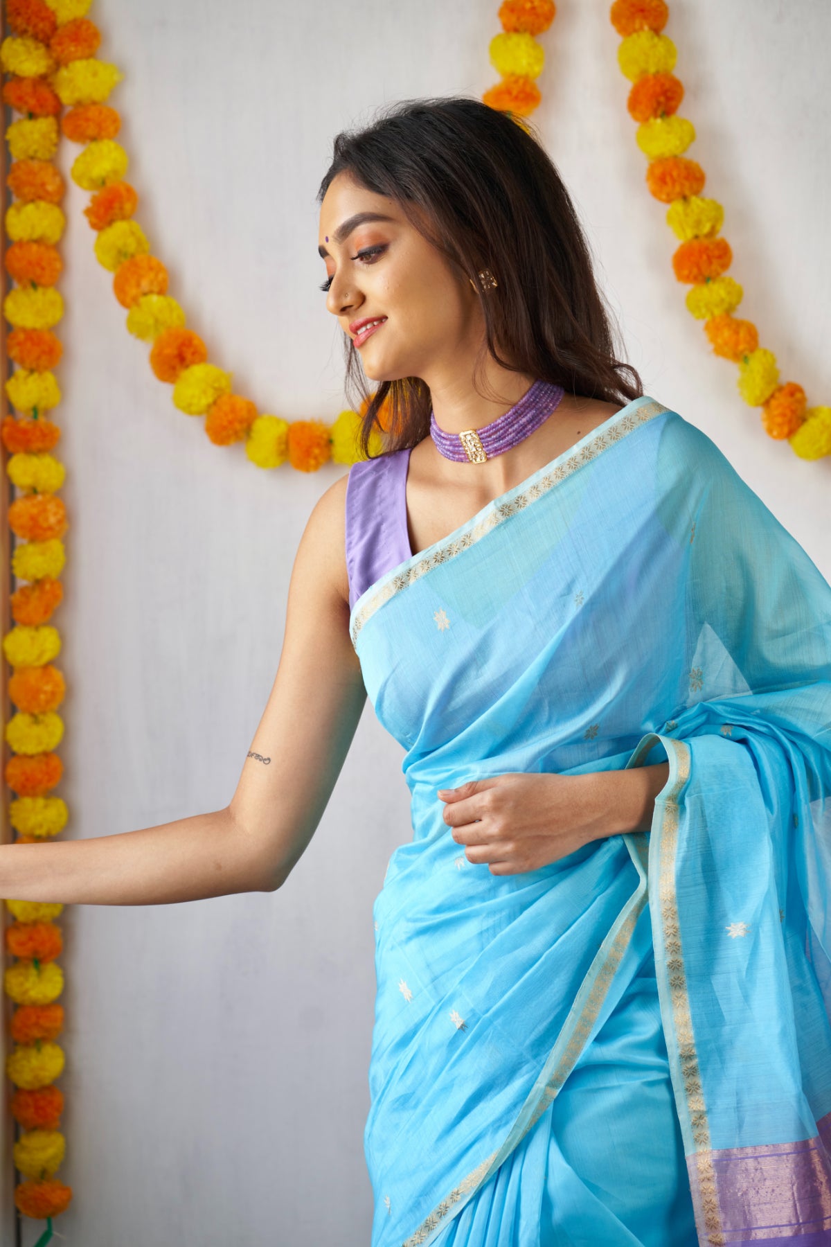 Ethnic Sky Blue Maheshwari Silk Cotton Handloom Saree