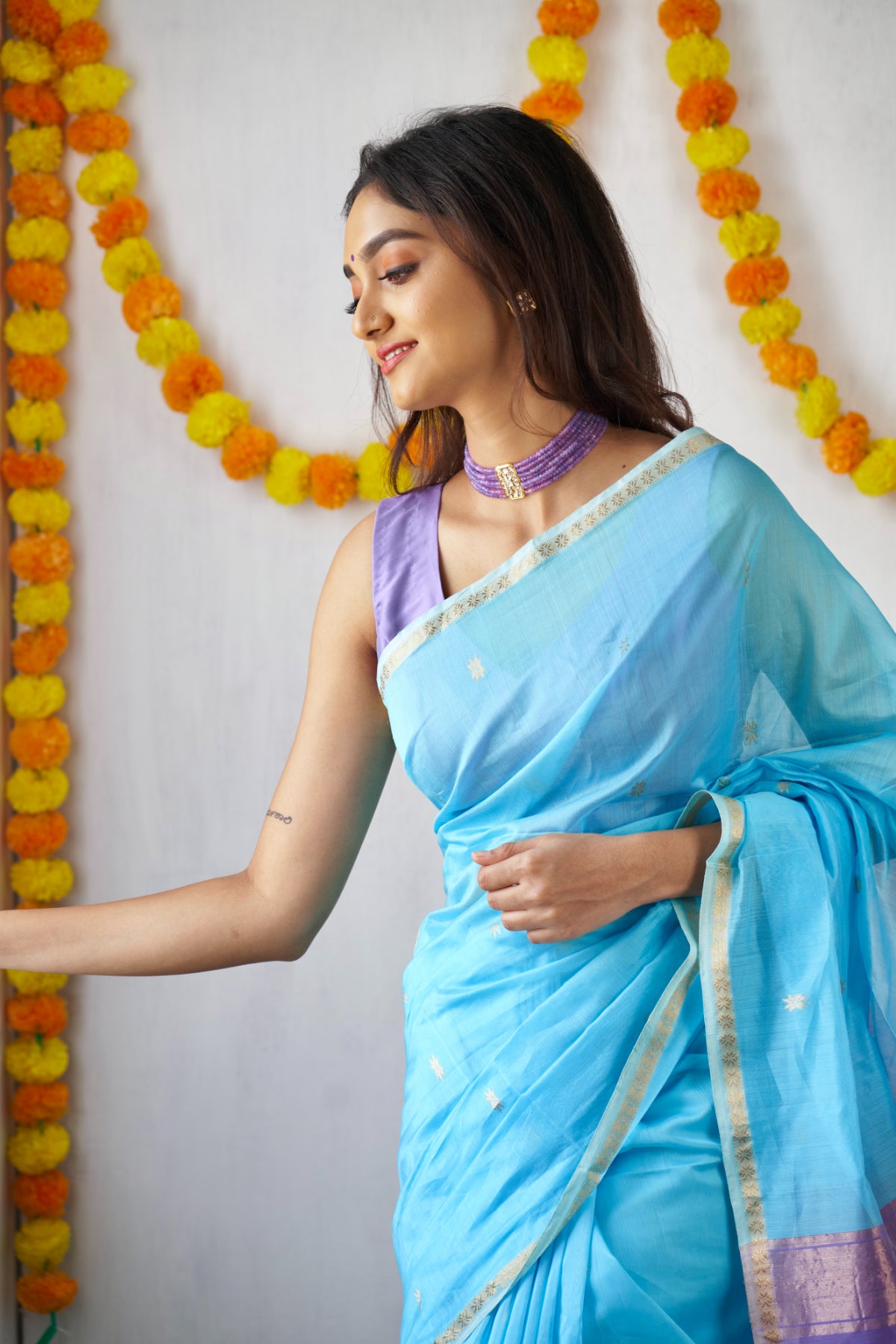 Ethnic Sky Blue Maheshwari Silk Cotton Handloom Saree