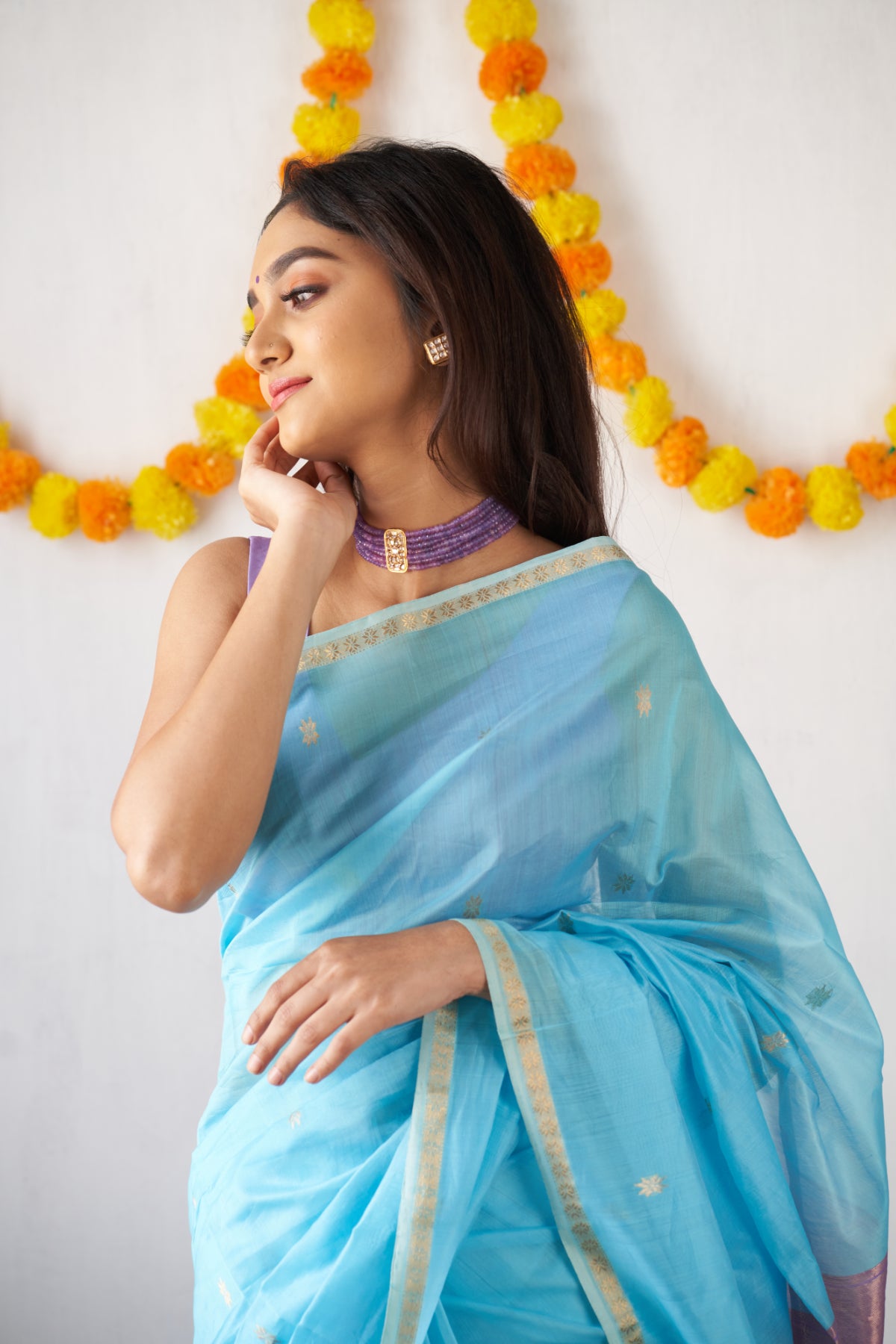 Ethnic Sky Blue Maheshwari Silk Cotton Handloom Saree