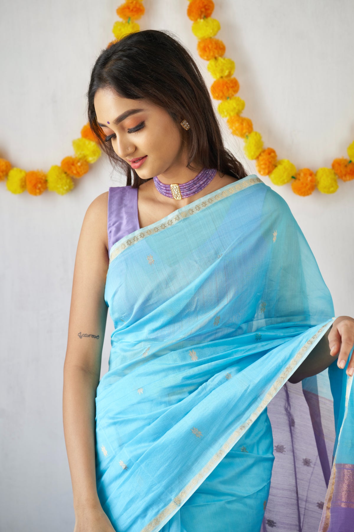 Ethnic Sky Blue Maheshwari Silk Cotton Handloom Saree