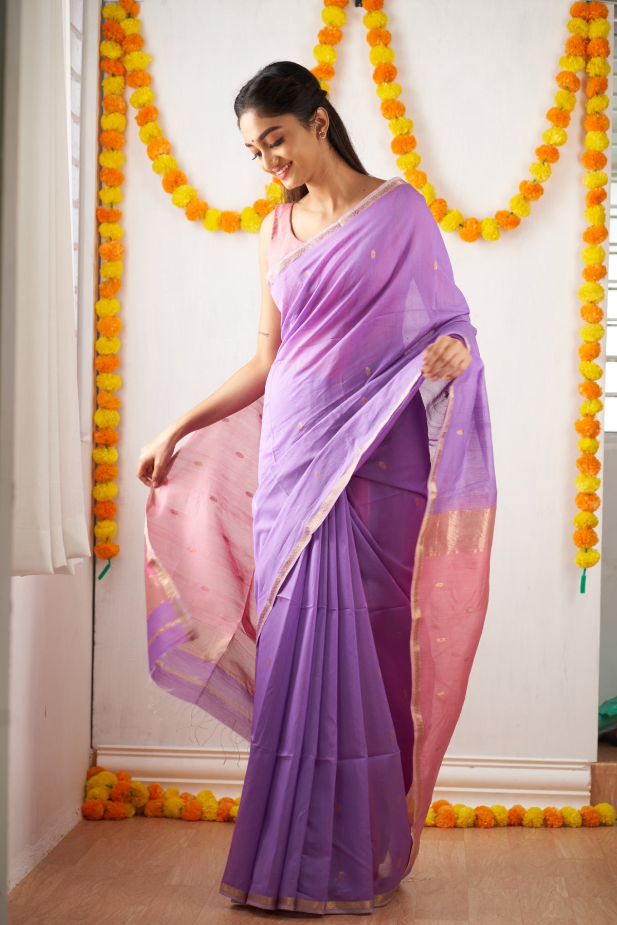 Ethnic Lavendar Maheshwari Silk Handloom Cotton Saree