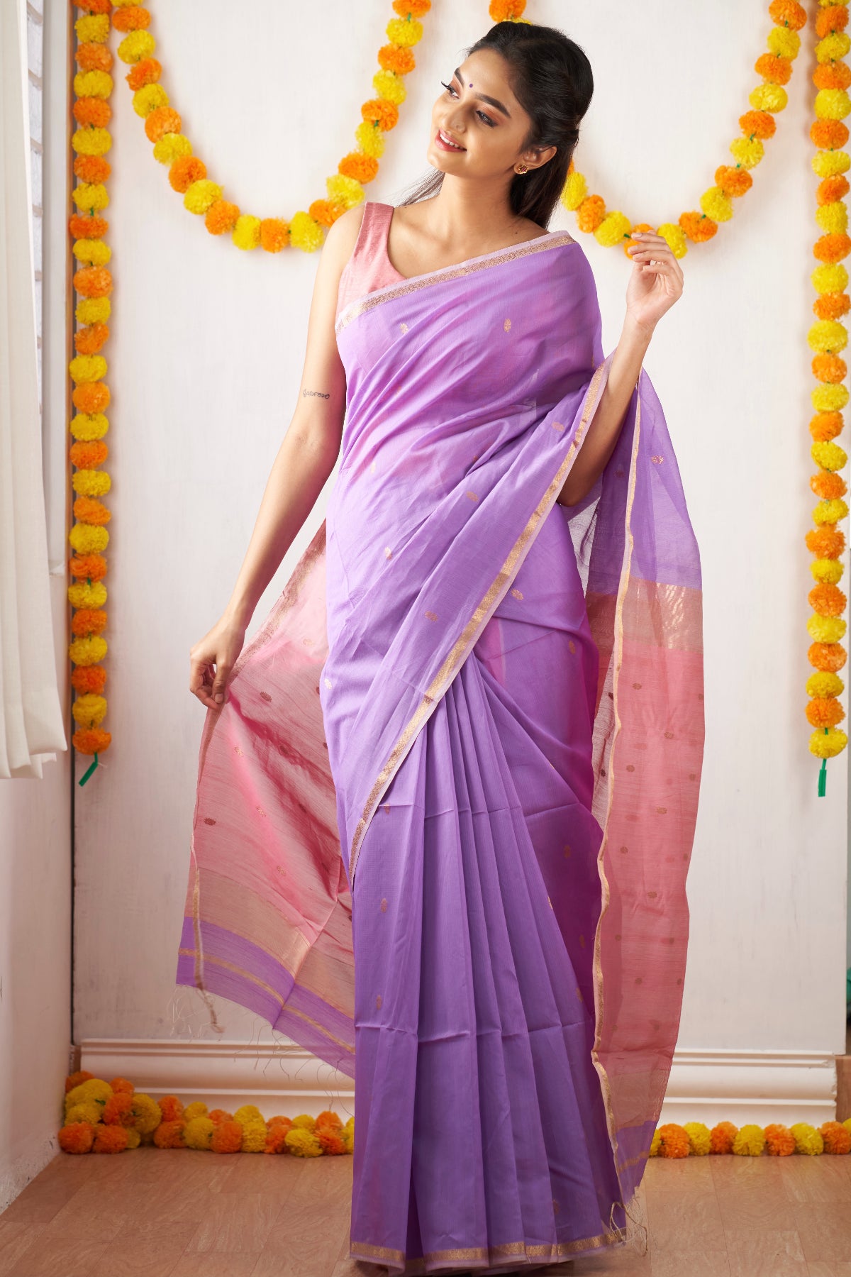 Ethnic Lavendar Maheshwari Silk Handloom Cotton Saree