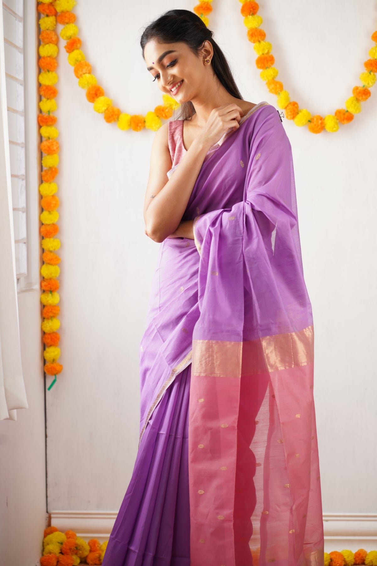 Ethnic Lavendar Maheshwari Silk Handloom Cotton Saree