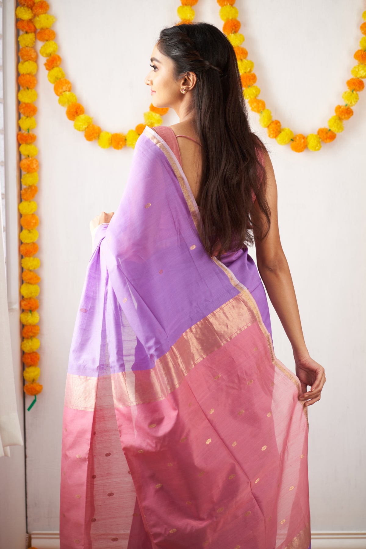 Ethnic Lavendar Maheshwari Silk Handloom Cotton Saree