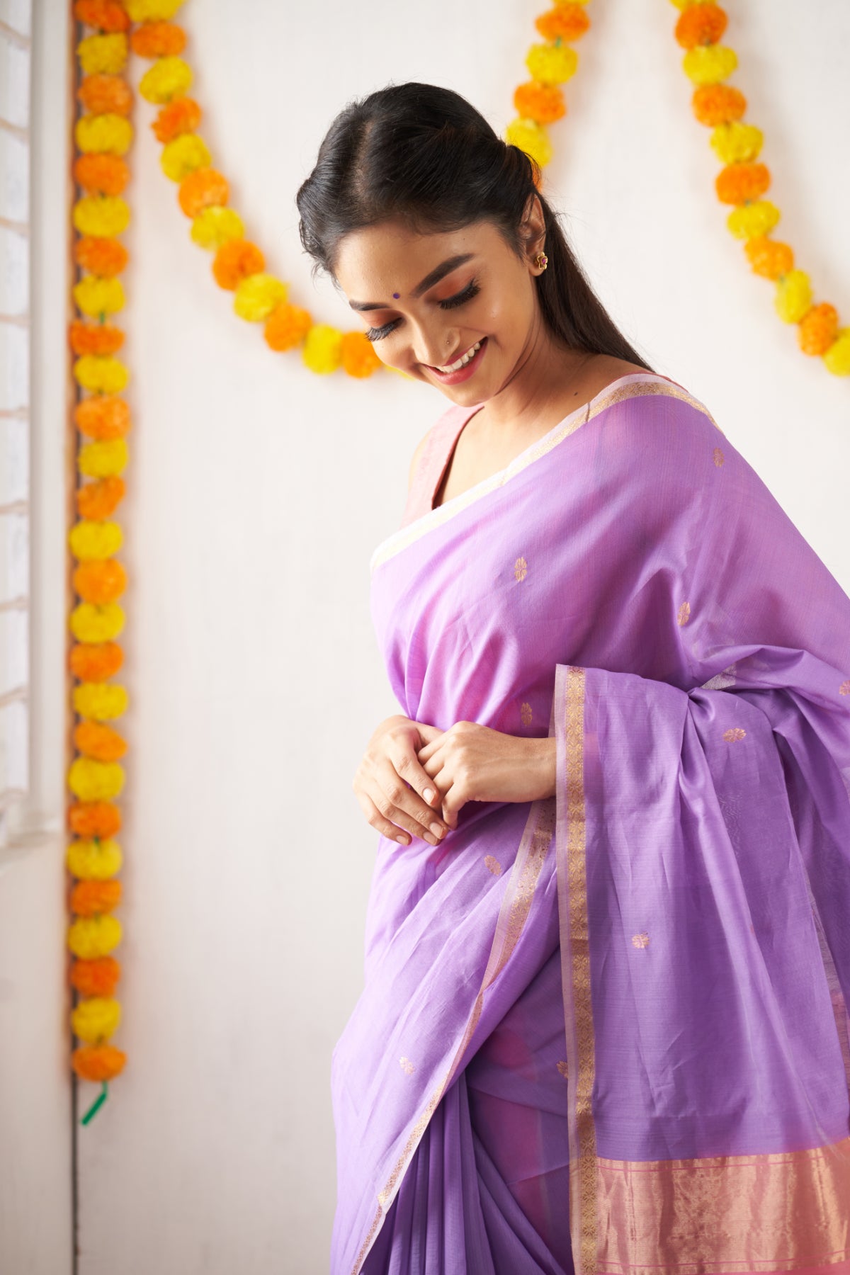 Ethnic Lavendar Maheshwari Silk Handloom Cotton Saree