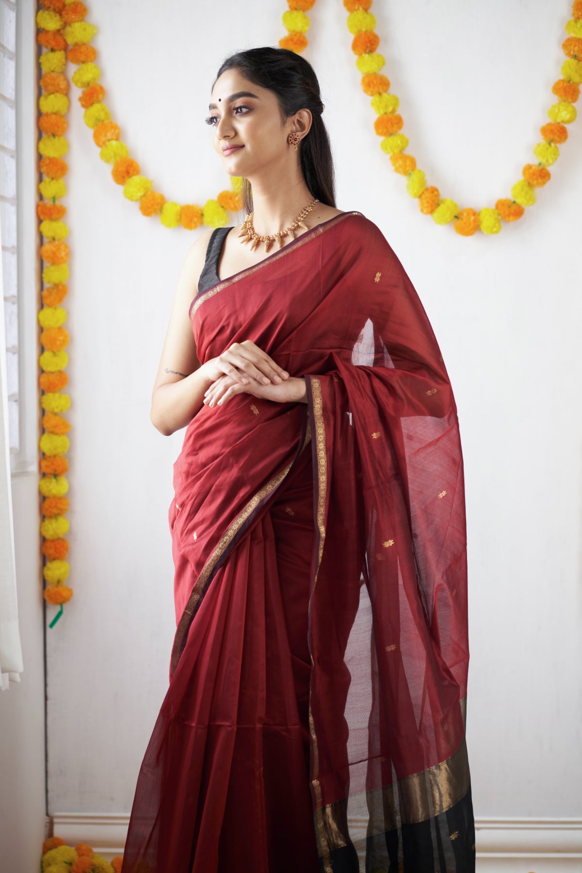 Ethnic Maroon Maheshwari Silk Cotton Handloom Saree