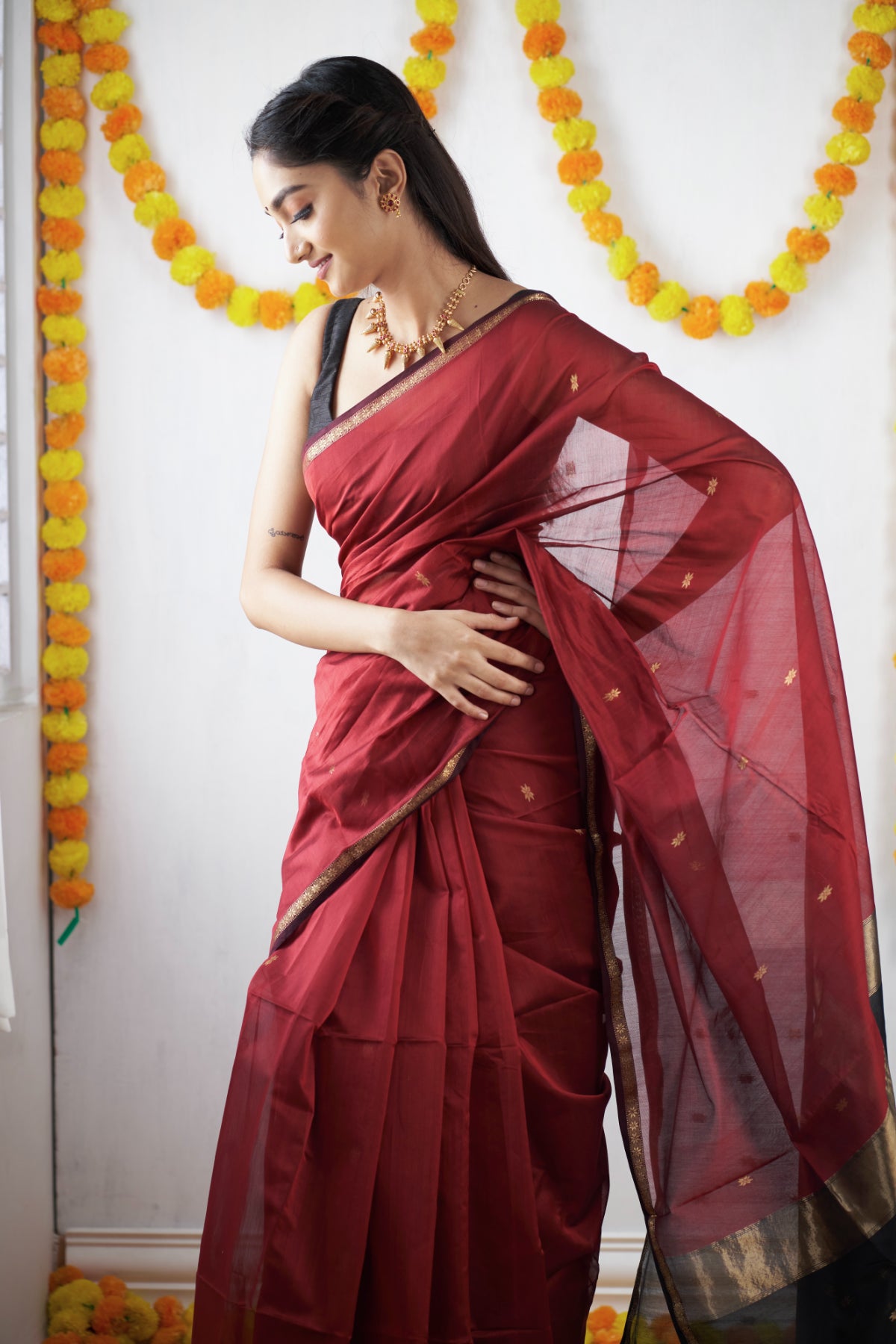 Ethnic Maroon Maheshwari Silk Cotton Handloom Saree