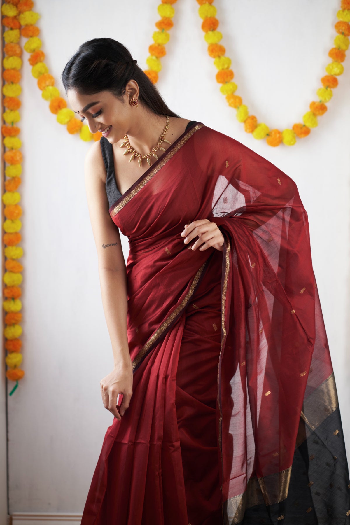 Ethnic Maroon Maheshwari Silk Cotton Handloom Saree