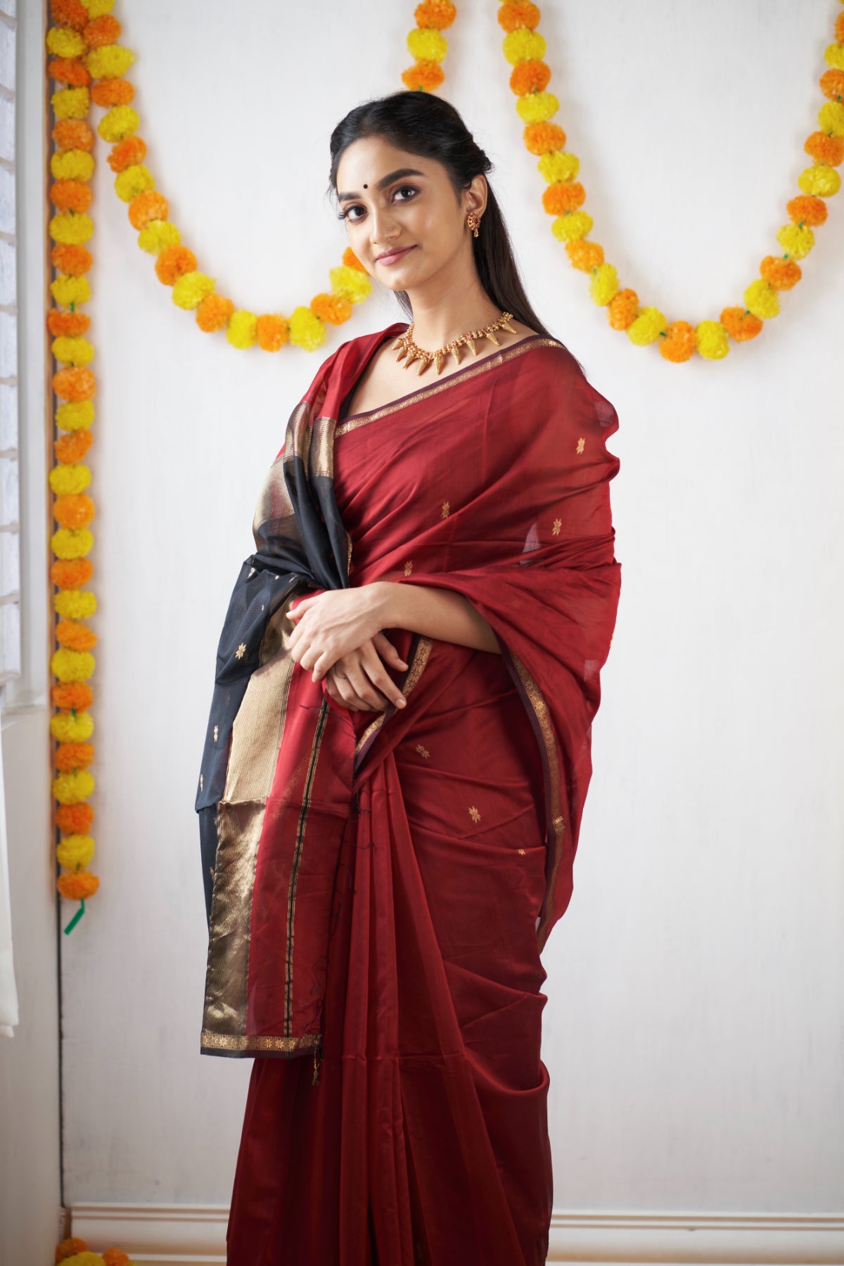 Ethnic Maroon Maheshwari Silk Cotton Handloom Saree