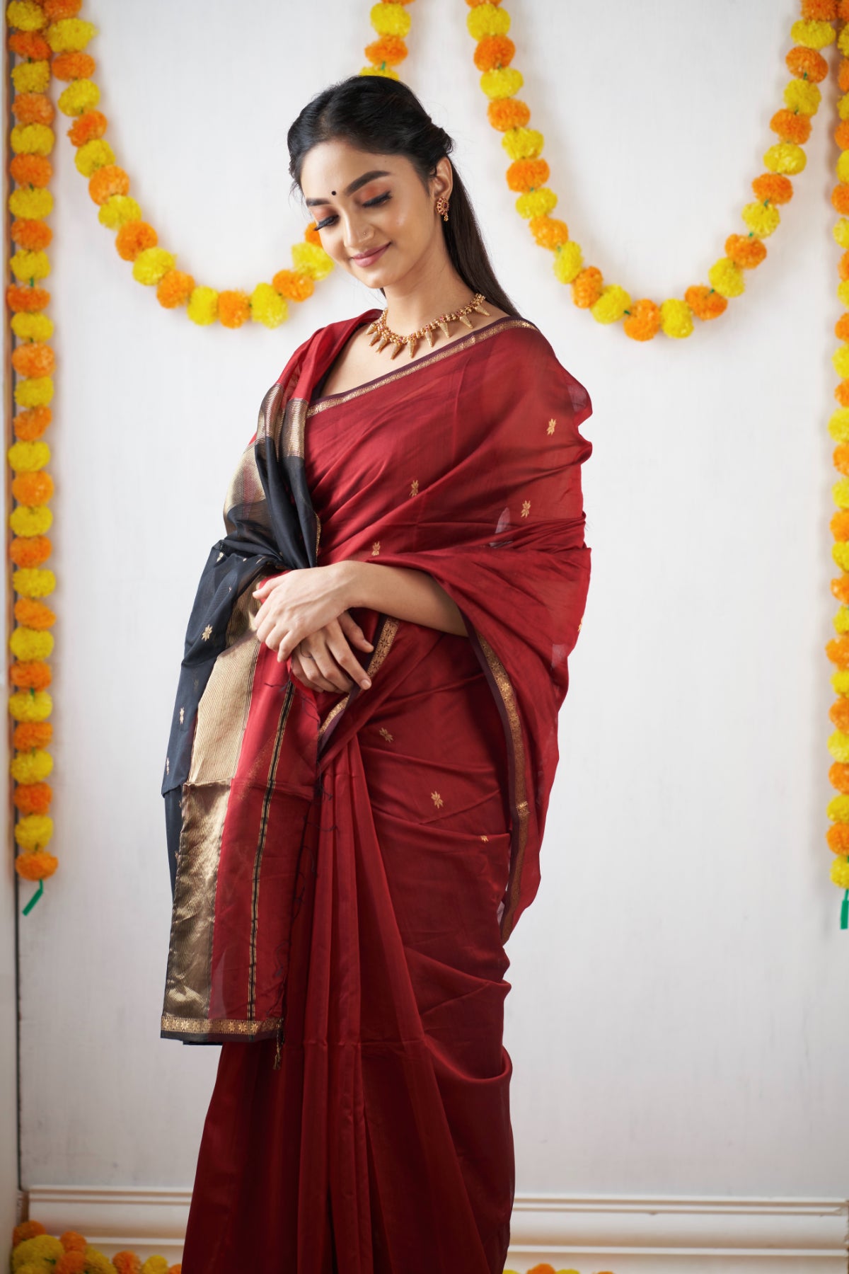 Ethnic Maroon Maheshwari Silk Cotton Handloom Saree
