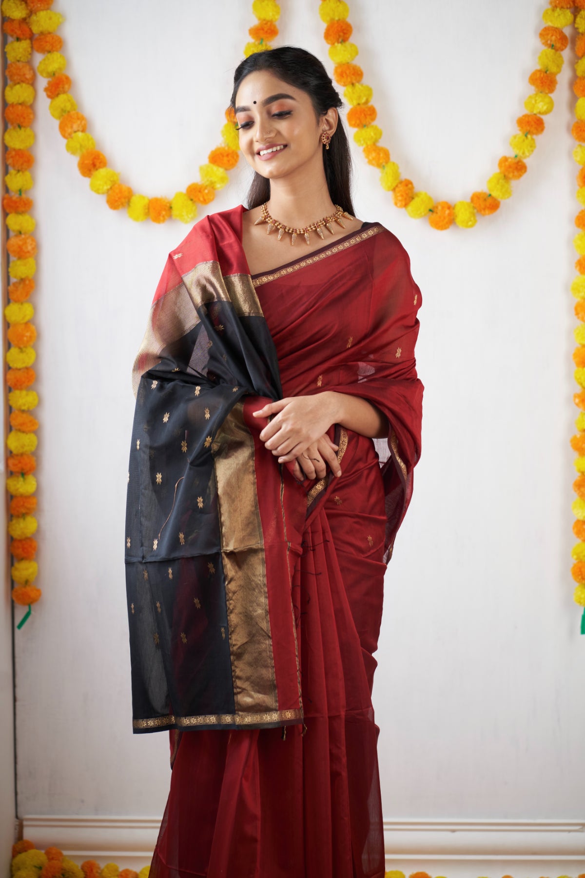 Ethnic Maroon Maheshwari Silk Cotton Handloom Saree