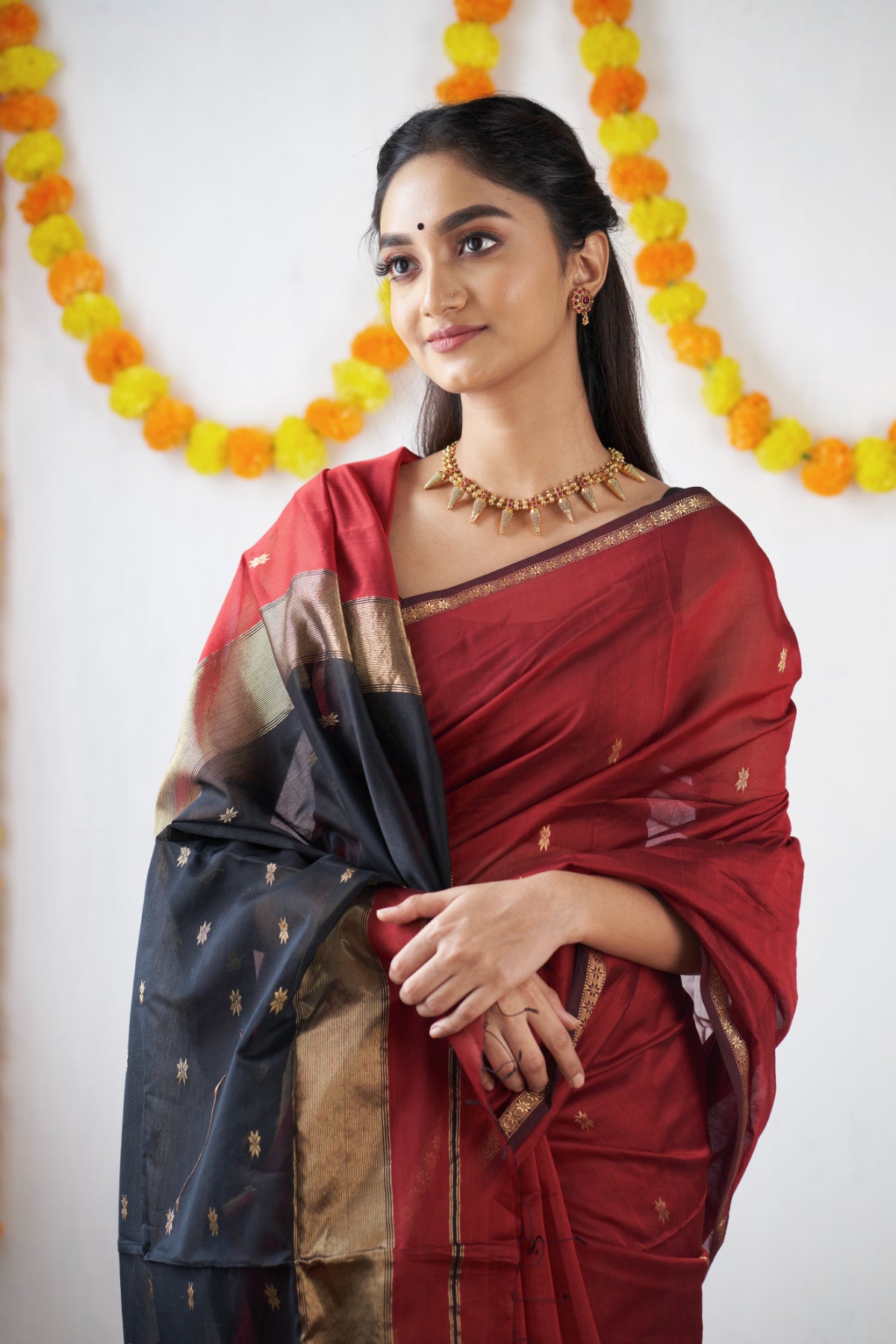 Ethnic Maroon Maheshwari Silk Cotton Handloom Saree