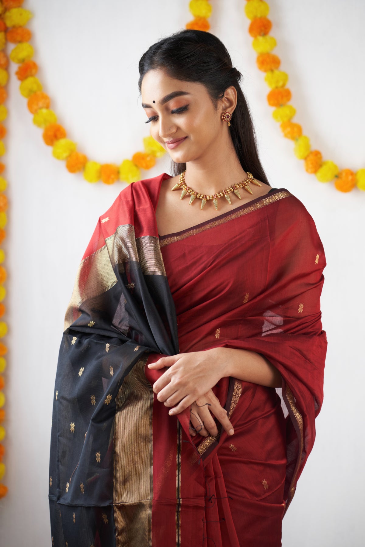Ethnic Maroon Maheshwari Silk Cotton Handloom Saree
