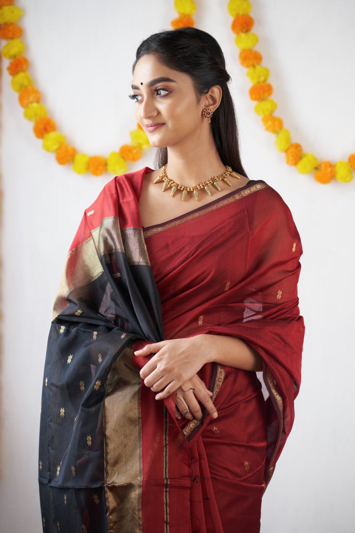 Ethnic Maroon Maheshwari Silk Cotton Handloom Saree