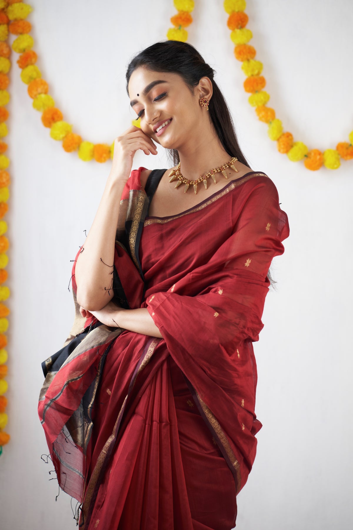Ethnic Maroon Maheshwari Silk Cotton Handloom Saree