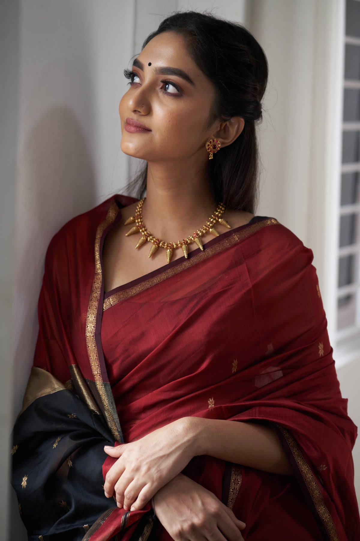 Ethnic Maroon Maheshwari Silk Cotton Handloom Saree