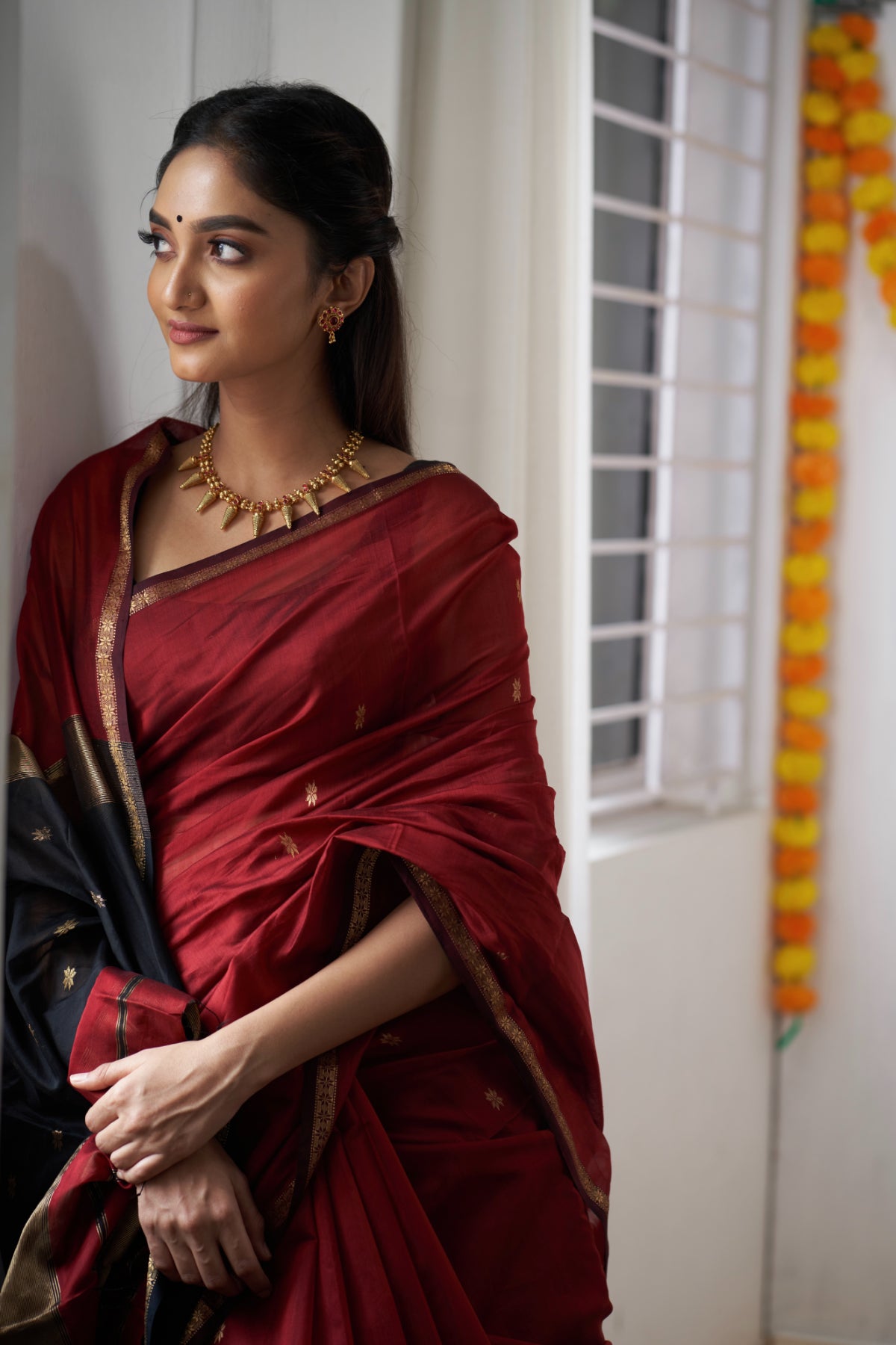 Ethnic Maroon Maheshwari Silk Cotton Handloom Saree