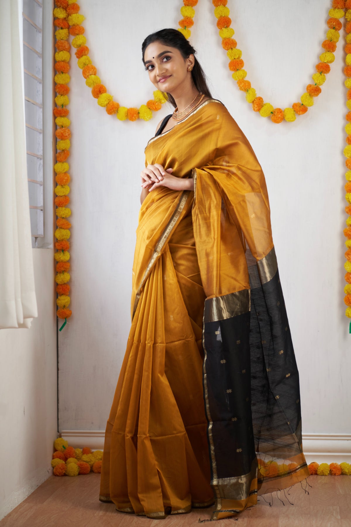 Ethnic Mustard Maheshwari Silk Cotton Handloom Saree