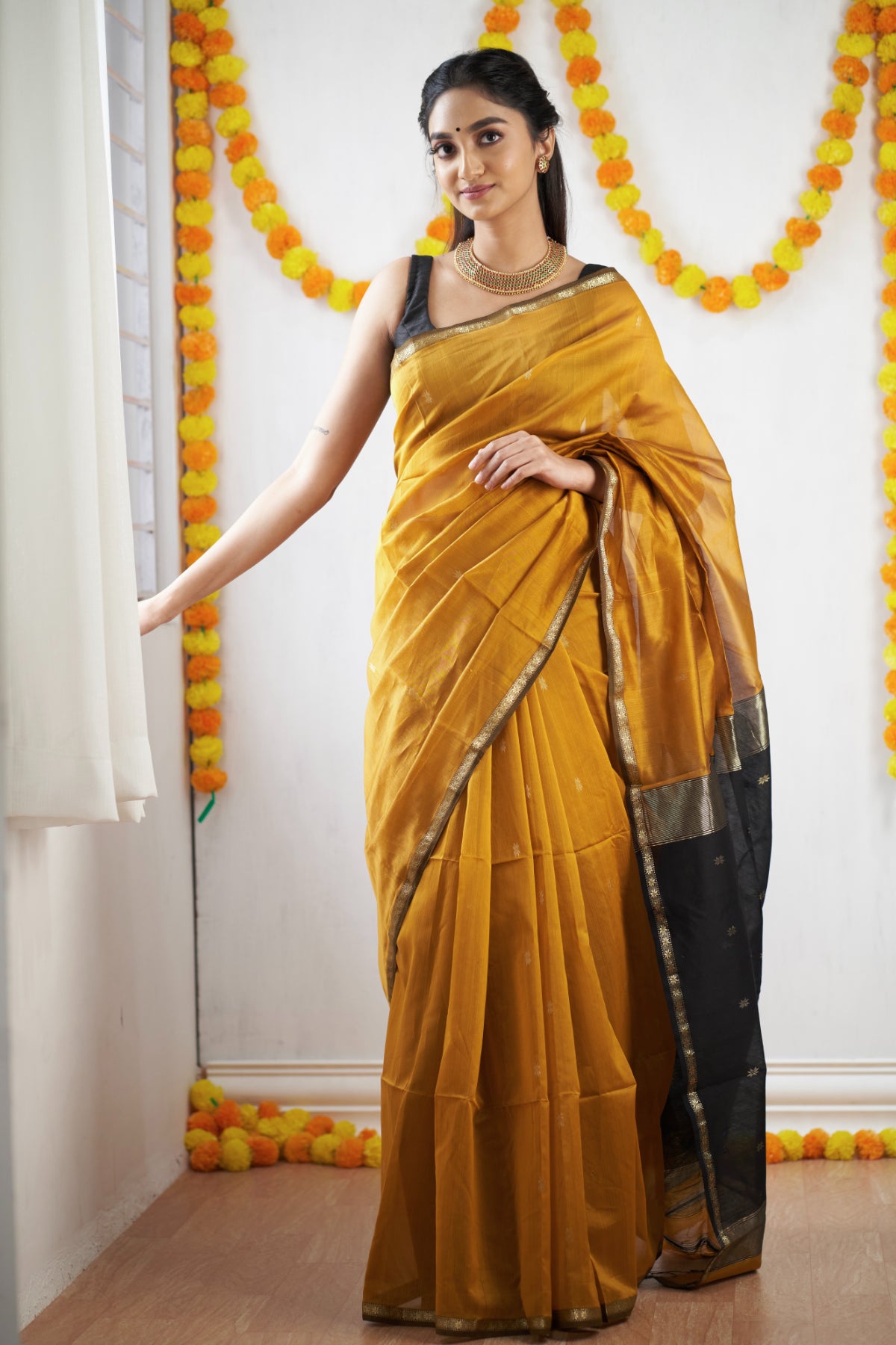 Ethnic Mustard Maheshwari Silk Cotton Handloom Saree