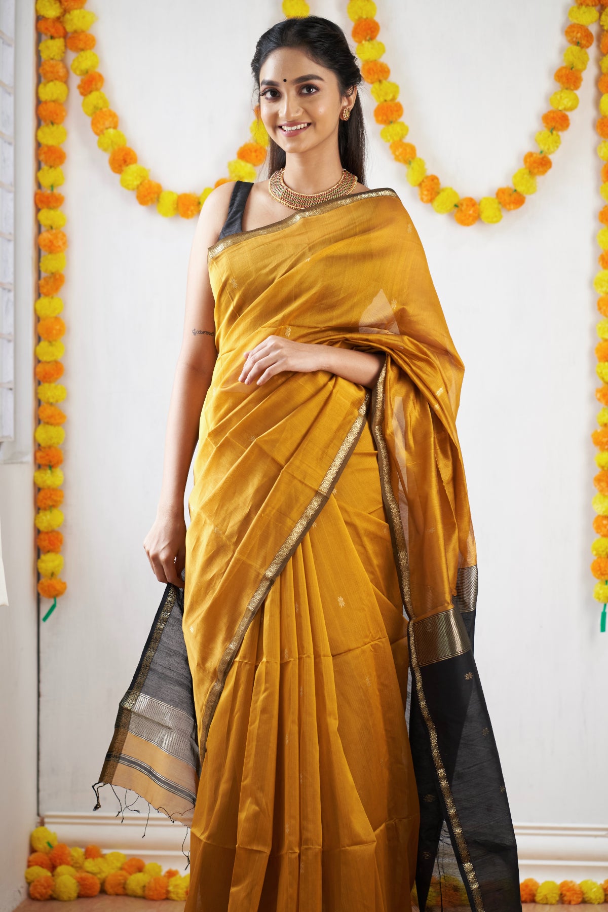 Ethnic Mustard Maheshwari Silk Cotton Handloom Saree