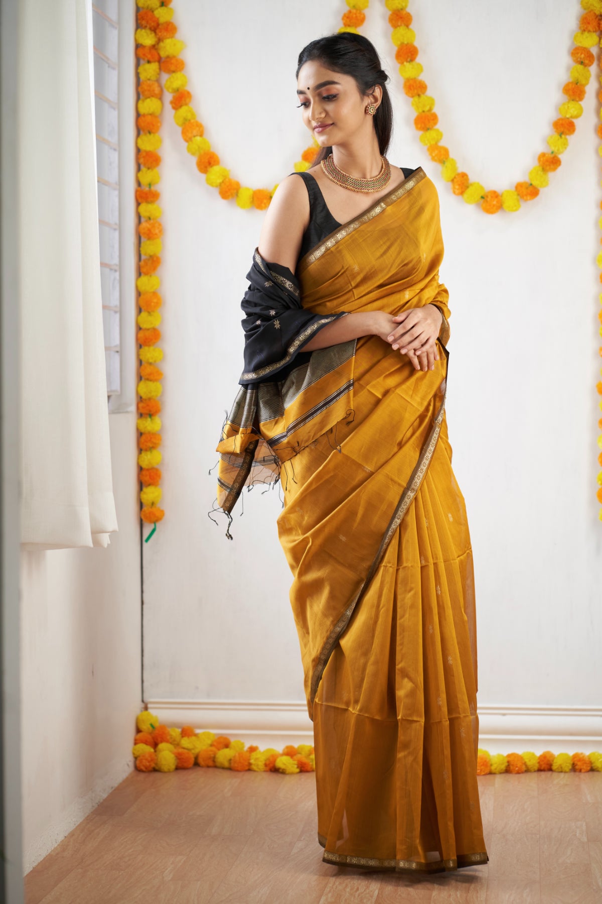 Ethnic Mustard Maheshwari Silk Cotton Handloom Saree