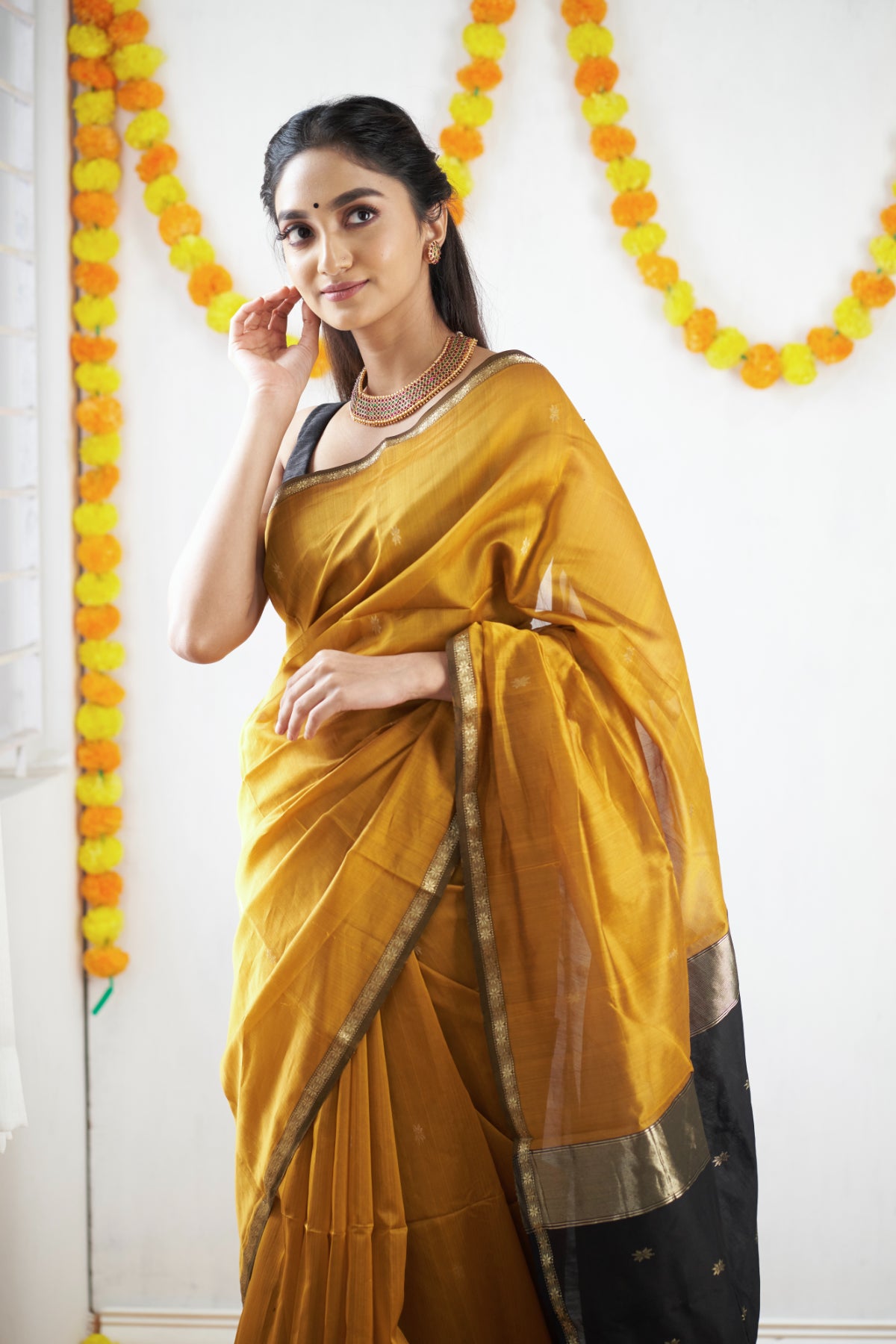 Ethnic Mustard Maheshwari Silk Cotton Handloom Saree