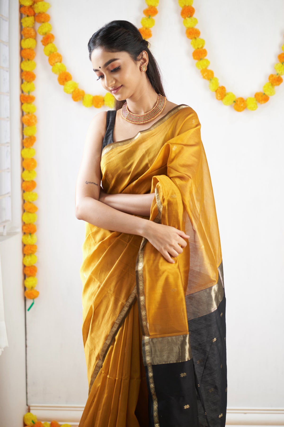 Ethnic Mustard Maheshwari Silk Cotton Handloom Saree