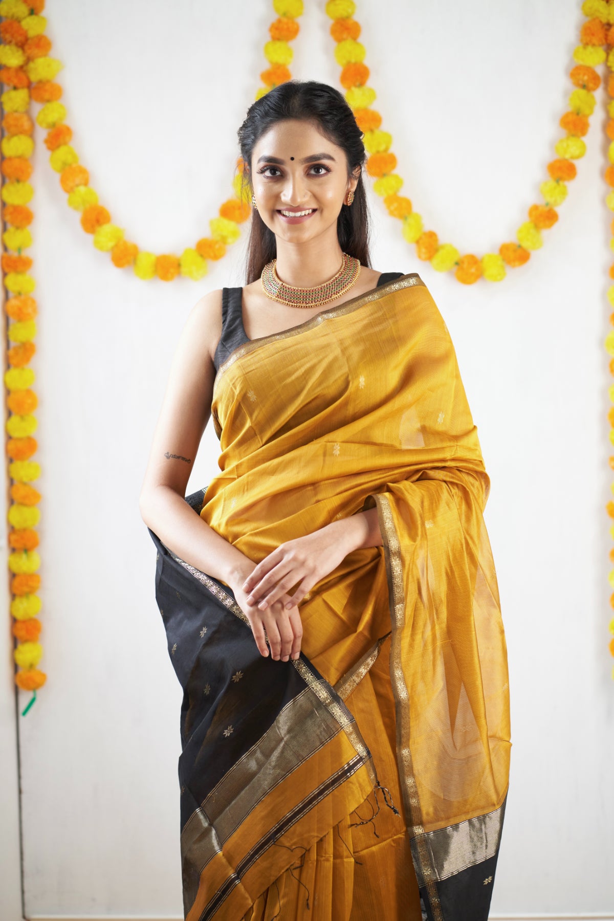 Ethnic Mustard Maheshwari Silk Cotton Handloom Saree