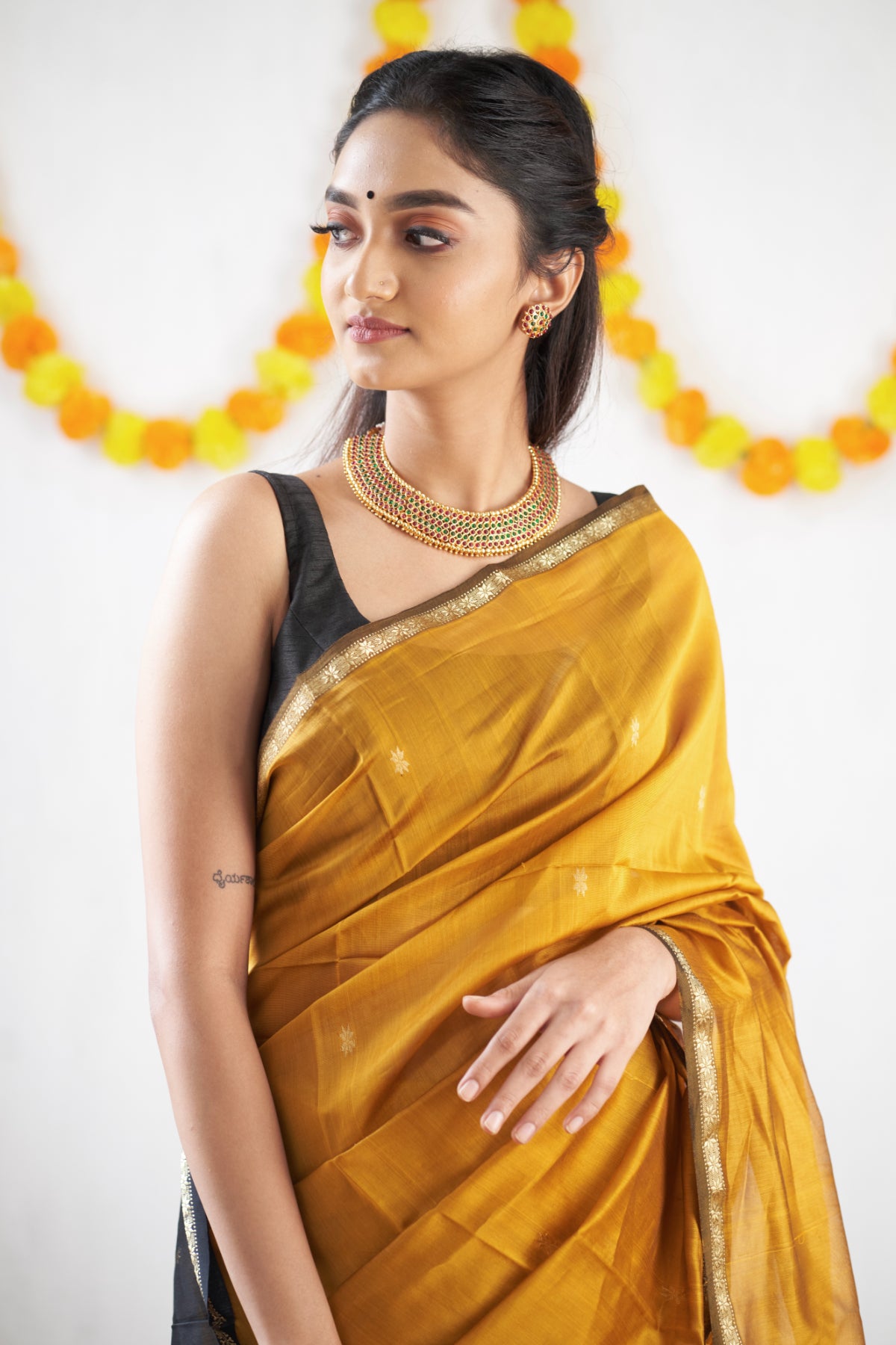 Ethnic Mustard Maheshwari Silk Cotton Handloom Saree