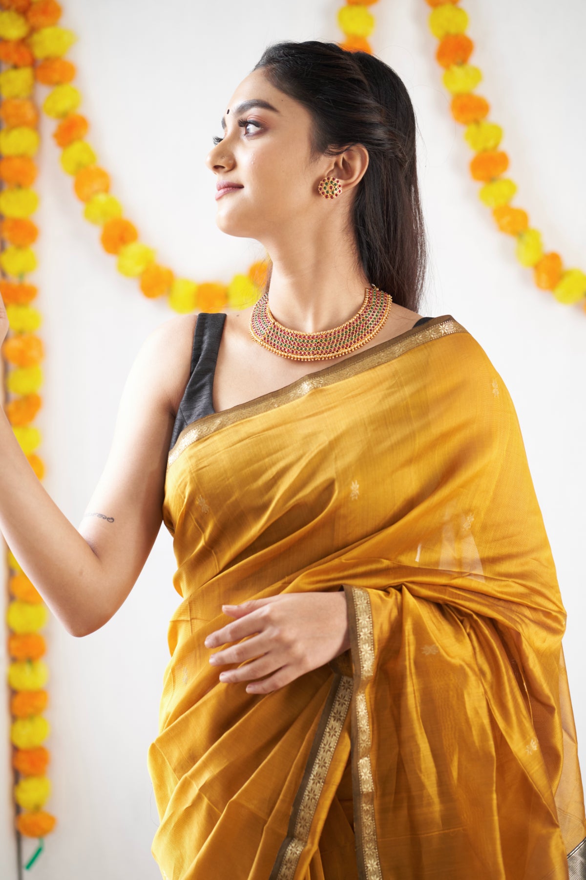 Ethnic Mustard Maheshwari Silk Cotton Handloom Saree